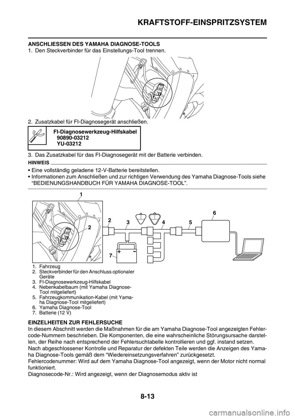 YAMAHA YZ250F 2016 Betriebsanleitungen (in German) KRAFTSTOFF-EINSPRITZSYSTEM
8-13
ANSCHLIESSEN DES YAMAHA DIAGNOSE-TOOLS
1. Den Steckverbinder für das Einstellungs-Tool trennen.
2. Zusatzkabel für FI-Diagnosegerät anschließen.
3. Das Zusatzkabel YAMAHA YZ250F 2016 Betriebsanleitungen (in German) KRAFTSTOFF-EINSPRITZSYSTEM
8-13
ANSCHLIESSEN DES YAMAHA DIAGNOSE-TOOLS
1. Den Steckverbinder für das Einstellungs-Tool trennen.
2. Zusatzkabel für FI-Diagnosegerät anschließen.
3. Das Zusatzkabel