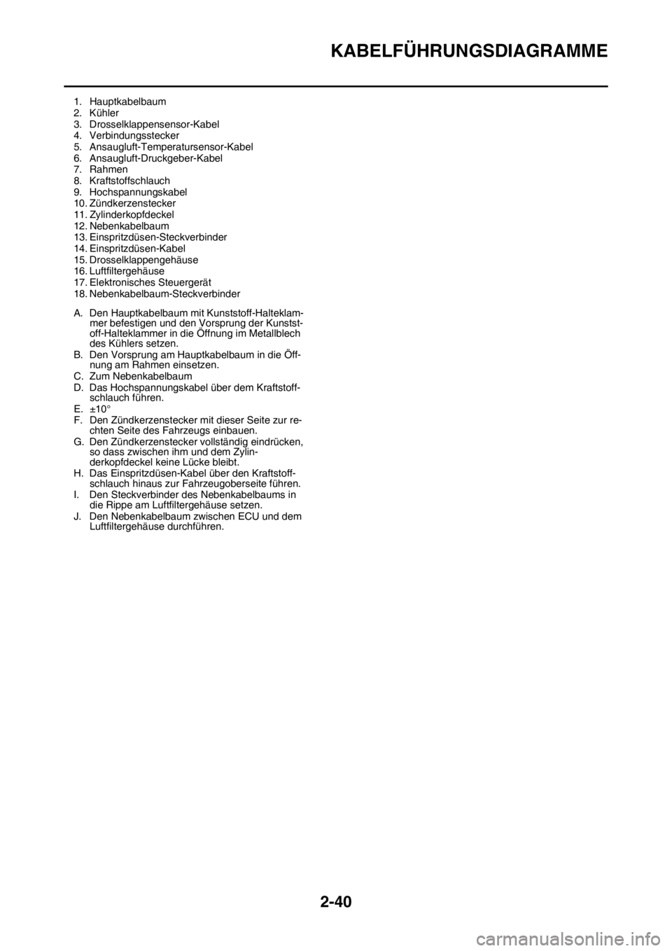 YAMAHA YZ250F 2016 Betriebsanleitungen (in German) KABELFÜHRUNGSDIAGRAMME
2-40
1. Hauptkabelbaum
2. Kühler
3. Drosselklappensensor-Kabel
4. Verbindungsstecker
5. Ansaugluft-Temperatursensor-Kabel
6. Ansaugluft-Druckgeber-Kabel
7. Rahmen
8. Kraftstof YAMAHA YZ250F 2016 Betriebsanleitungen (in German) KABELFÜHRUNGSDIAGRAMME
2-40
1. Hauptkabelbaum
2. Kühler
3. Drosselklappensensor-Kabel
4. Verbindungsstecker
5. Ansaugluft-Temperatursensor-Kabel
6. Ansaugluft-Druckgeber-Kabel
7. Rahmen
8. Kraftstof