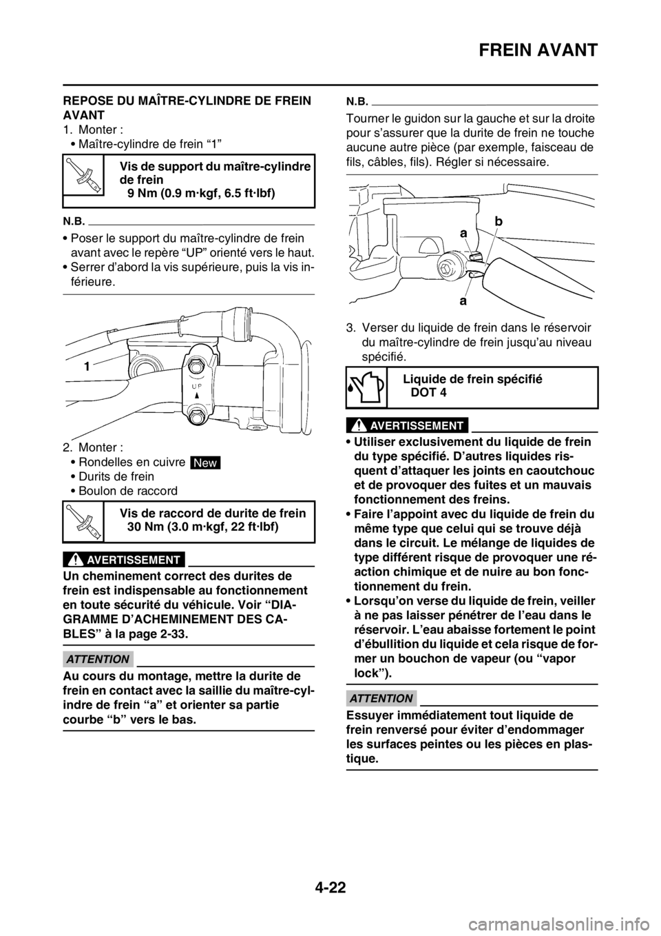 YAMAHA YZ250F 2016  Notices Demploi (in French) FREIN AVANT
4-22
FAS1SM5148REPOSE DU MAÎTRE-CYLINDRE DE FREIN 
AVANT
1. Monter :
• Maître-cylindre de frein “1”
N.B.
• Poser le support du maître-cylindre de frein 
avant avec le repère 