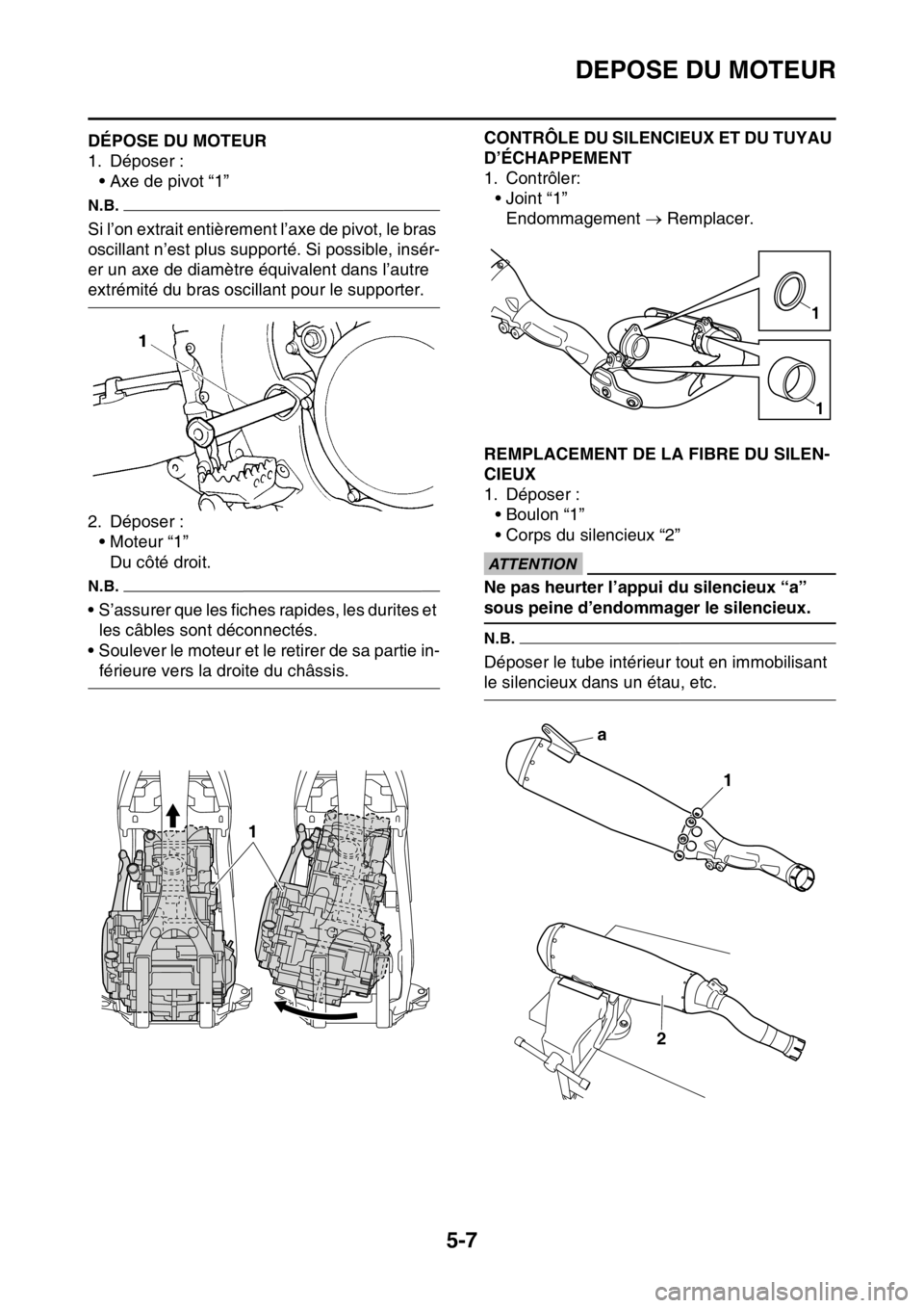 YAMAHA YZ250F 2016  Notices Demploi (in French) DEPOSE DU MOTEUR
5-7
FAS1SM5201DÉPOSE DU MOTEUR
1. Déposer :
• Axe de pivot “1”
N.B.
Si l’on extrait entièrement l’axe de pivot, le bras 
oscillant n’est plus supporté. Si possible, in
