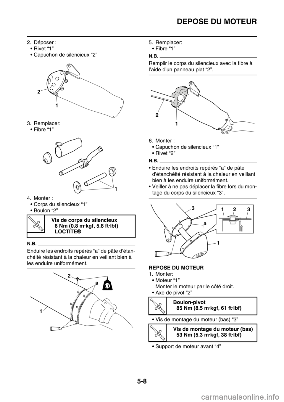 YAMAHA YZ250F 2016  Notices Demploi (in French) DEPOSE DU MOTEUR
5-8
2. Déposer :
•Rivet “1”
• Capuchon de silencieux “2”
3. Remplacer:
• Fibre “1”
4. Monter :
• Corps du silencieux “1”
• Boulon “2”
N.B.
Enduire les e