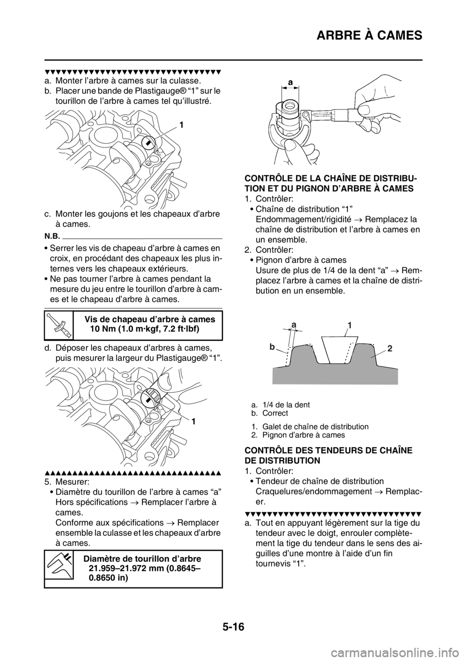 YAMAHA YZ250F 2016  Notices Demploi (in French) ARBRE À CAMES
5-16
▼▼▼▼▼▼▼▼▼▼▼▼▼▼▼▼▼▼▼▼▼▼▼▼▼▼▼▼▼▼▼▼
a. Monter l’arbre à cames sur la culasse.
b. Placer une bande de Plastigauge® 