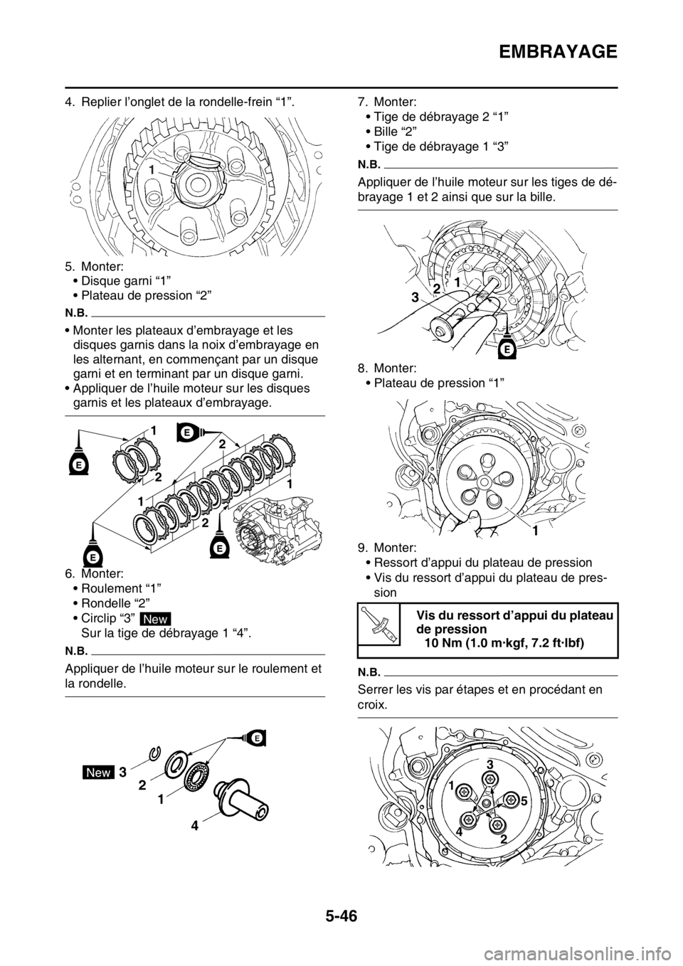 YAMAHA YZ250F 2016 Notices Demploi (in French) EMBRAYAGE
5-46
4. Replier l’onglet de la rondelle-frein “1”.
5. Monter:
• Disque garni “1”
• Plateau de pression “2”
N.B.
• Monter les plateaux d’embrayage et les
disques garnis YAMAHA YZ250F 2016 Notices Demploi (in French) EMBRAYAGE
5-46
4. Replier l’onglet de la rondelle-frein “1”.
5. Monter:
• Disque garni “1”
• Plateau de pression “2”
N.B.
• Monter les plateaux d’embrayage et les
disques garnis