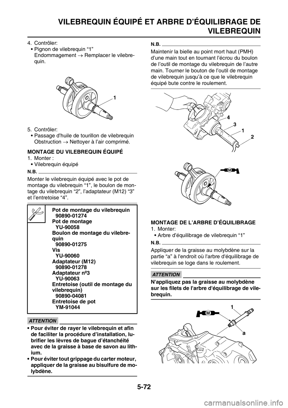 YAMAHA YZ250F 2016  Notices Demploi (in French) VILEBREQUIN ÉQUIPÉ ET ARBRE D’ÉQUILIBRAGE DE
VILEBREQUIN
5-72
4. Contrôler:
• Pignon de vilebrequin “1”
Endommagement  Remplacer le vilebre-
quin.
5. Contrôler:
• Passage d’huile d