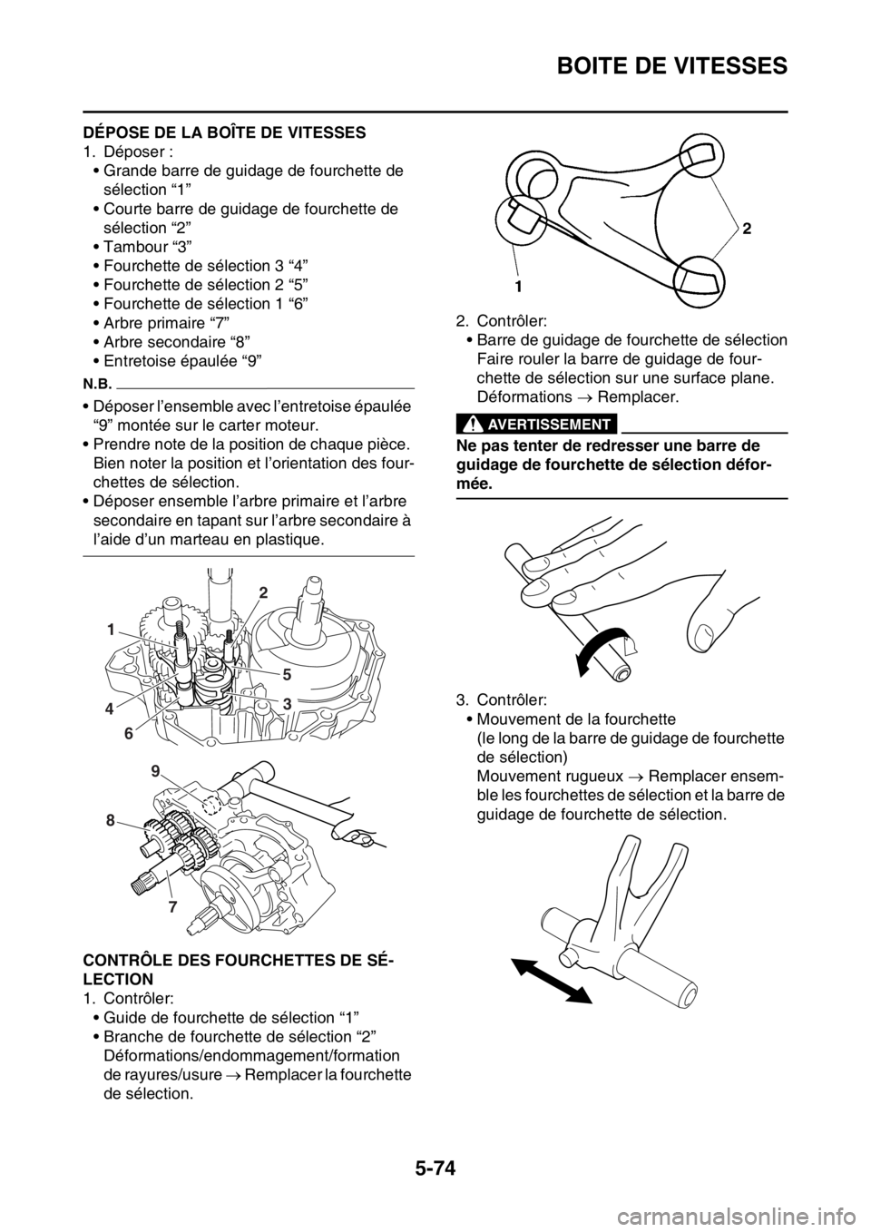 YAMAHA YZ250F 2016  Notices Demploi (in French) BOITE DE VITESSES
5-74
FAS1SM5291DÉPOSE DE LA BOÎTE DE VITESSES
1. Déposer :
• Grande barre de guidage de fourchette de 
sélection “1”
• Courte barre de guidage de fourchette de 
sélectio