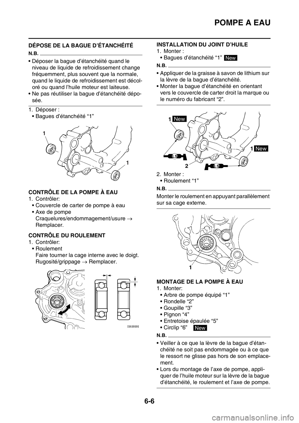 YAMAHA YZ250F 2016  Notices Demploi (in French) POMPE A EAU
6-6
FAS1SM5301DÉPOSE DE LA BAGUE D’ÉTANCHÉITÉ
N.B.
• Déposer la bague d’étanchéité quand le 
niveau de liquide de refroidissement change 
fréquemment, plus souvent que la no