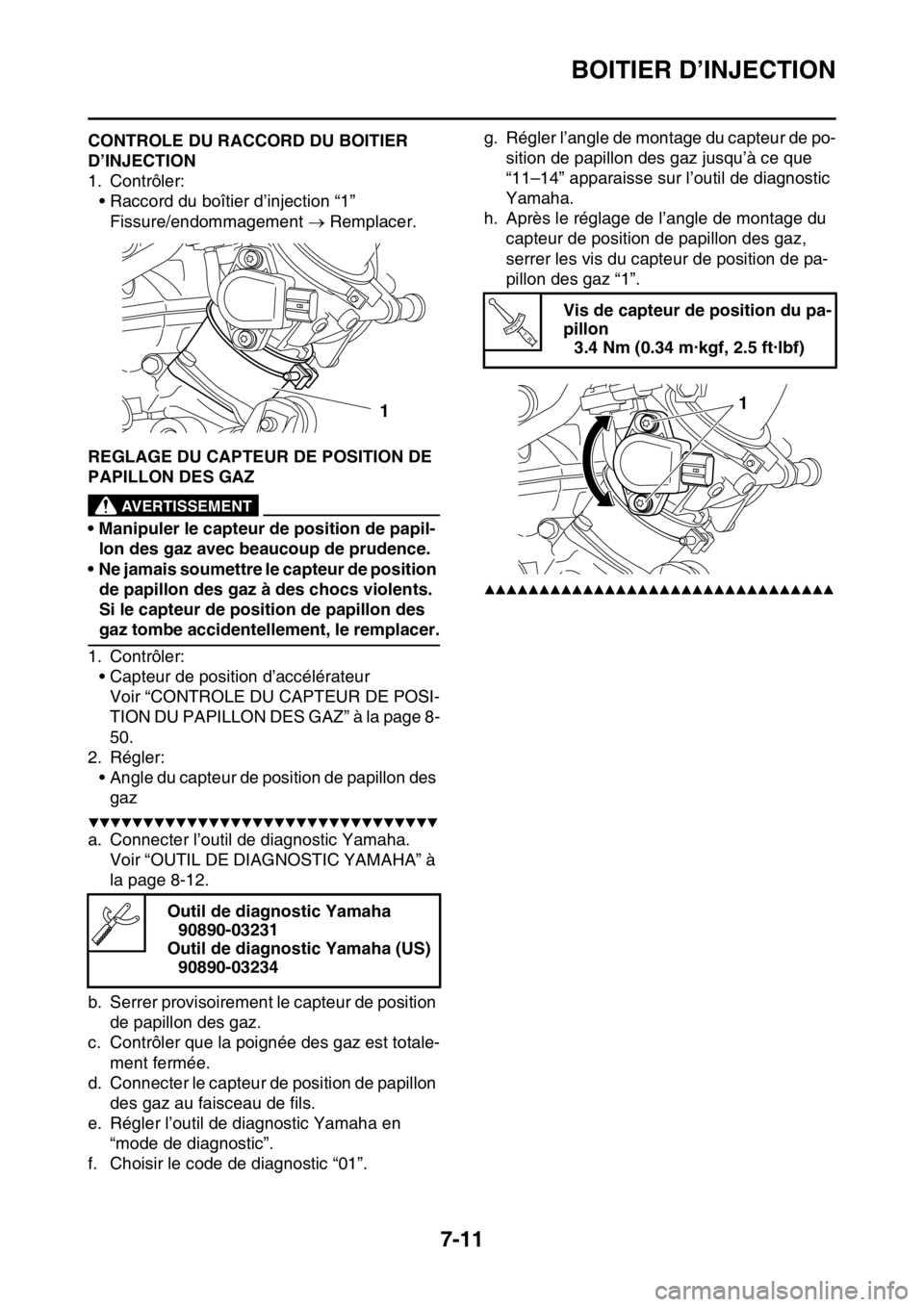 YAMAHA YZ250F 2016  Notices Demploi (in French) BOITIER D’INJECTION
7-11
FAS1SM5319CONTROLE DU RACCORD DU BOITIER 
D’INJECTION
1. Contrôler:
• Raccord du boîtier d’injection “1”
Fissure/endommagement  Remplacer.
FAS1SM5320REGLAGE D