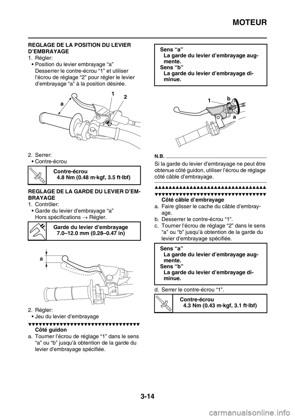 YAMAHA YZ250F 2015  Notices Demploi (in French) MOTEUR
3-14
FAS1SM5077REGLAGE DE LA POSITION DU LEVIER 
D’EMBRAYAGE
1. Régler:
• Position du levier embrayage “a” 
Desserrer le contre-écrou “1” et utiliser 
l’écrou de réglage “2