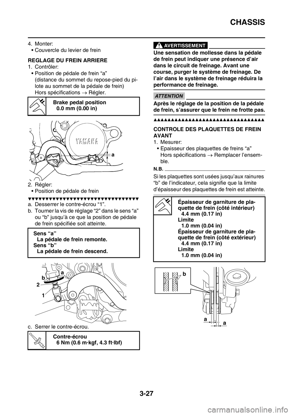 YAMAHA YZ250F 2015  Notices Demploi (in French) CHASSIS
3-27
4. Monter:
• Couvercle du levier de frein
FAS1SM5094REGLAGE DU FREIN ARRIERE
1. Contrôler:
• Position de pédale de frein “a”
(distance du sommet du repose-pied du pi-
lote au so