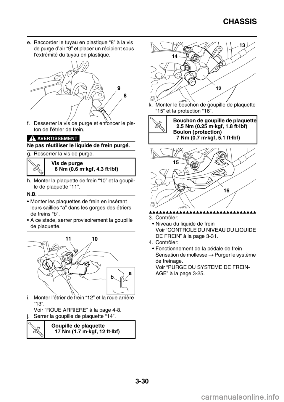 YAMAHA YZ250F 2015  Notices Demploi (in French) CHASSIS
3-30
e. Raccorder le tuyau en plastique “8” à la vis 
de purge d’air “9” et placer un récipient sous 
l’extrémité du tuyau en plastique.
f. Desserrer la vis de purge et enfonce