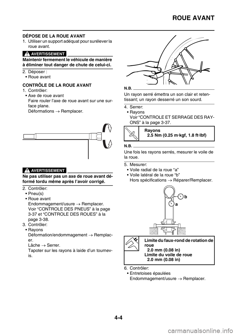 YAMAHA YZ250F 2015  Notices Demploi (in French) ROUE AVANT
4-4
FAS1SM5124DÉPOSE DE LA ROUE AVANT
1. Utiliser un support adéquat pour surélever la 
roue avant.
EWA13120
AVERTISSEMENT
Maintenir fermement le véhicule de manière 
à éliminer tout