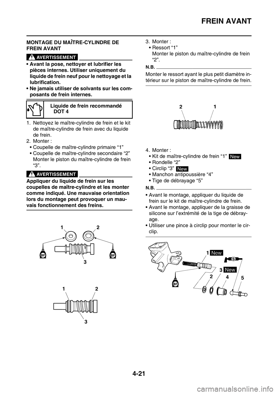 YAMAHA YZ250F 2015  Notices Demploi (in French) FREIN AVANT
4-21
FAS1SM5147MONTAGE DU MAÎTRE-CYLINDRE DE 
FREIN AVANT
EWA13520
AVERTISSEMENT
• Avant la pose, nettoyer et lubrifier les 
pièces internes. Utiliser uniquement du 
liquide de frein n