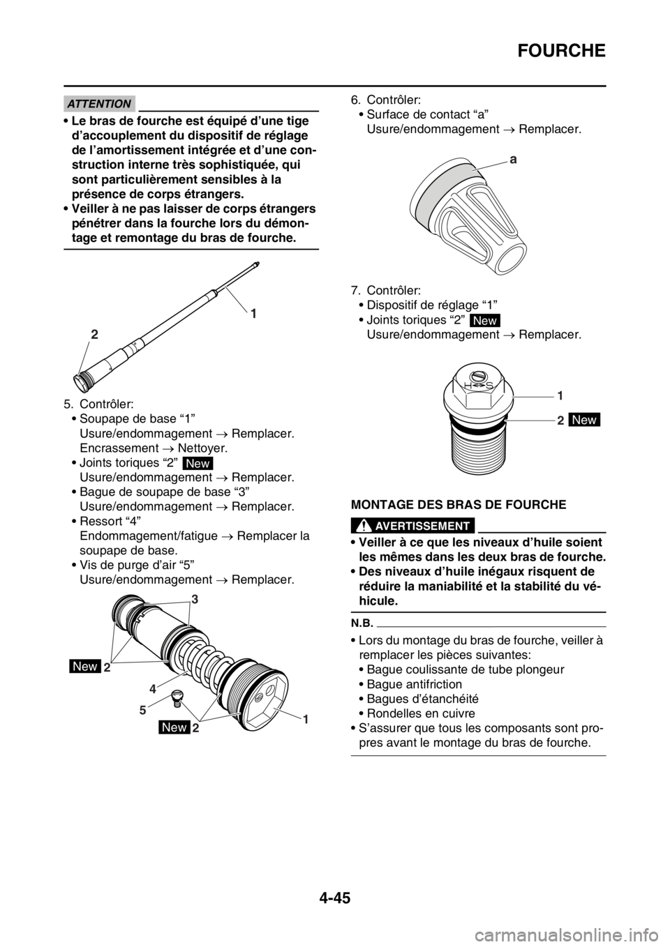 YAMAHA YZ250F 2015  Notices Demploi (in French) FOURCHE
4-45
ATTENTION
• Le bras de fourche est équipé d’une tige 
d’accouplement du dispositif de réglage 
de l’amortissement intégrée et d’une con-
struction interne très sophistiqu