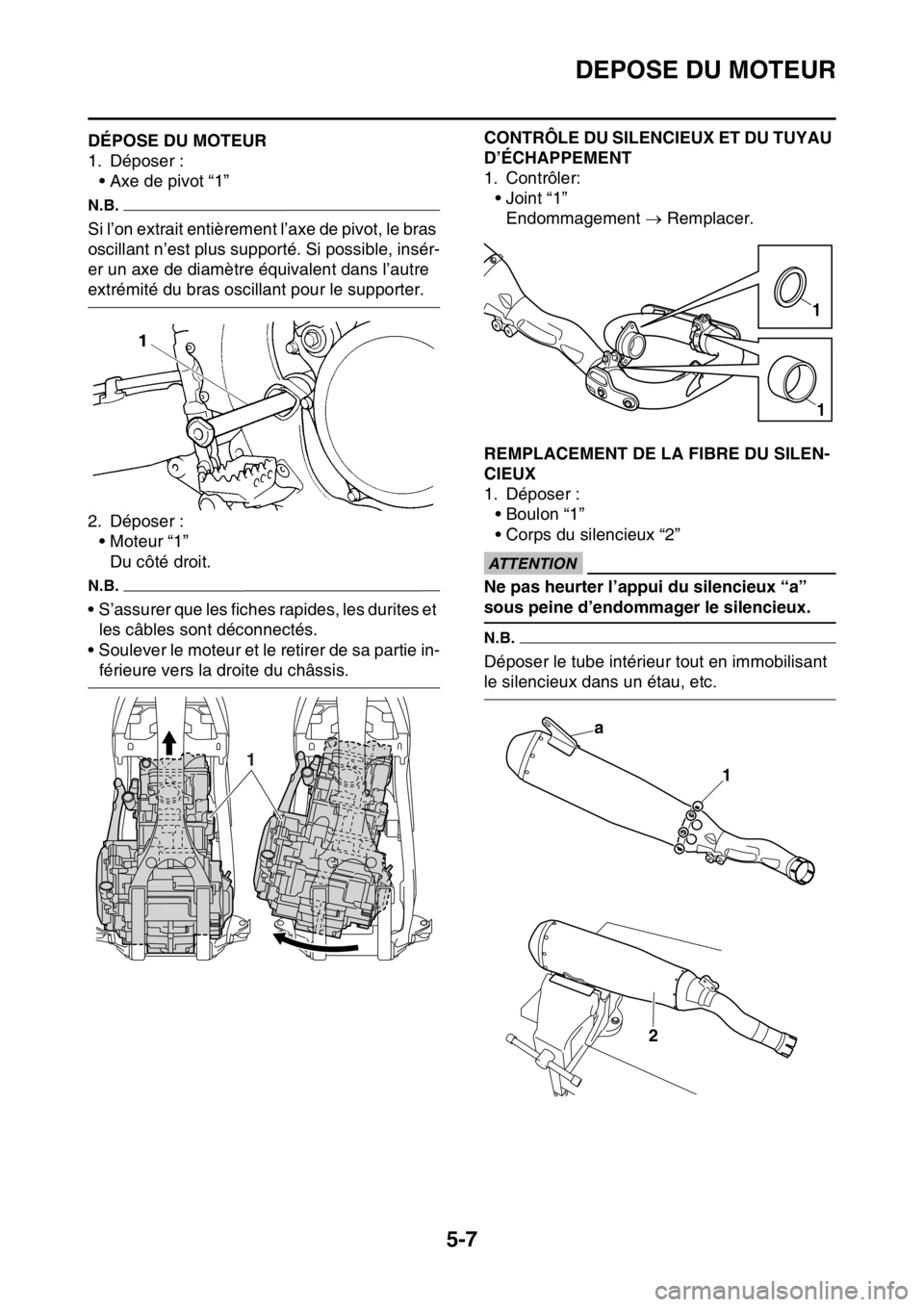 YAMAHA YZ250F 2015  Notices Demploi (in French) DEPOSE DU MOTEUR
5-7
FAS1SM5201DÉPOSE DU MOTEUR
1. Déposer :
• Axe de pivot “1”
N.B.
Si l’on extrait entièrement l’axe de pivot, le bras 
oscillant n’est plus supporté. Si possible, in