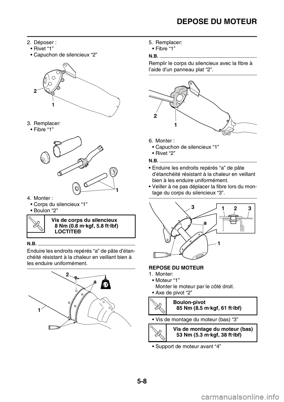 YAMAHA YZ250F 2015  Notices Demploi (in French) DEPOSE DU MOTEUR
5-8
2. Déposer :
•Rivet “1”
• Capuchon de silencieux “2”
3. Remplacer:
• Fibre “1”
4. Monter :
• Corps du silencieux “1”
• Boulon “2”
N.B.
Enduire les e
