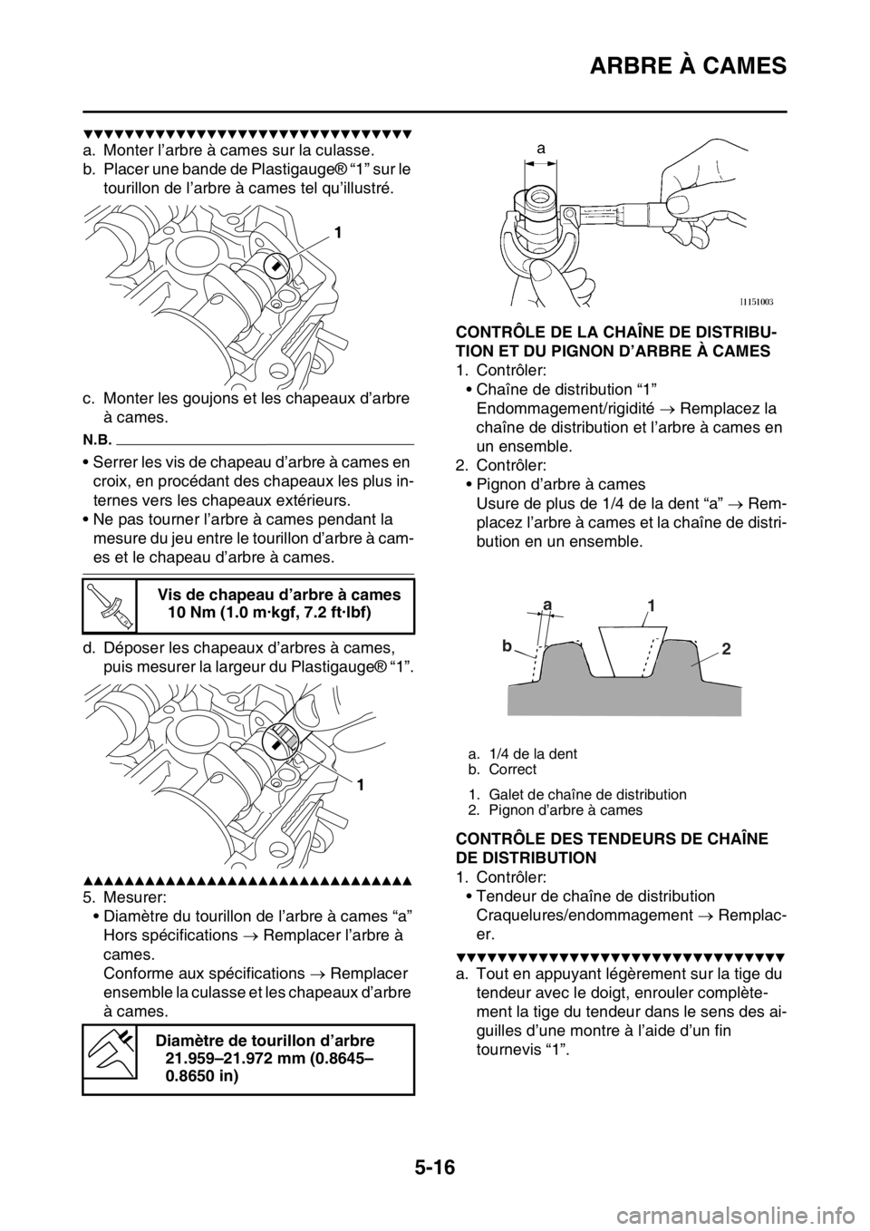 YAMAHA YZ250F 2015  Notices Demploi (in French) ARBRE À CAMES
5-16
▼▼▼▼▼▼▼▼▼▼▼▼▼▼▼▼▼▼▼▼▼▼▼▼▼▼▼▼▼▼▼▼
a. Monter l’arbre à cames sur la culasse.
b. Placer une bande de Plastigauge® 