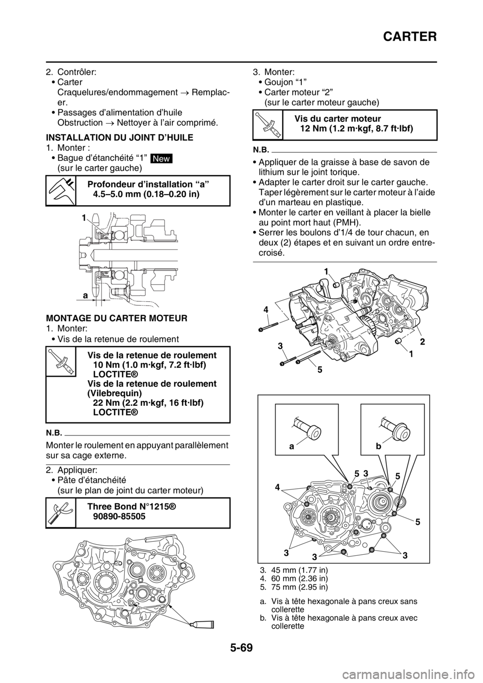 YAMAHA YZ250F 2015  Notices Demploi (in French) CARTER
5-69
2. Contrôler:
•Carter
Craquelures/endommagement  Remplac-
er.
• Passages d’alimentation d’huile
Obstruction  Nettoyer à l’air comprimé.
FAS1SM5283INSTALLATION DU JOINT D