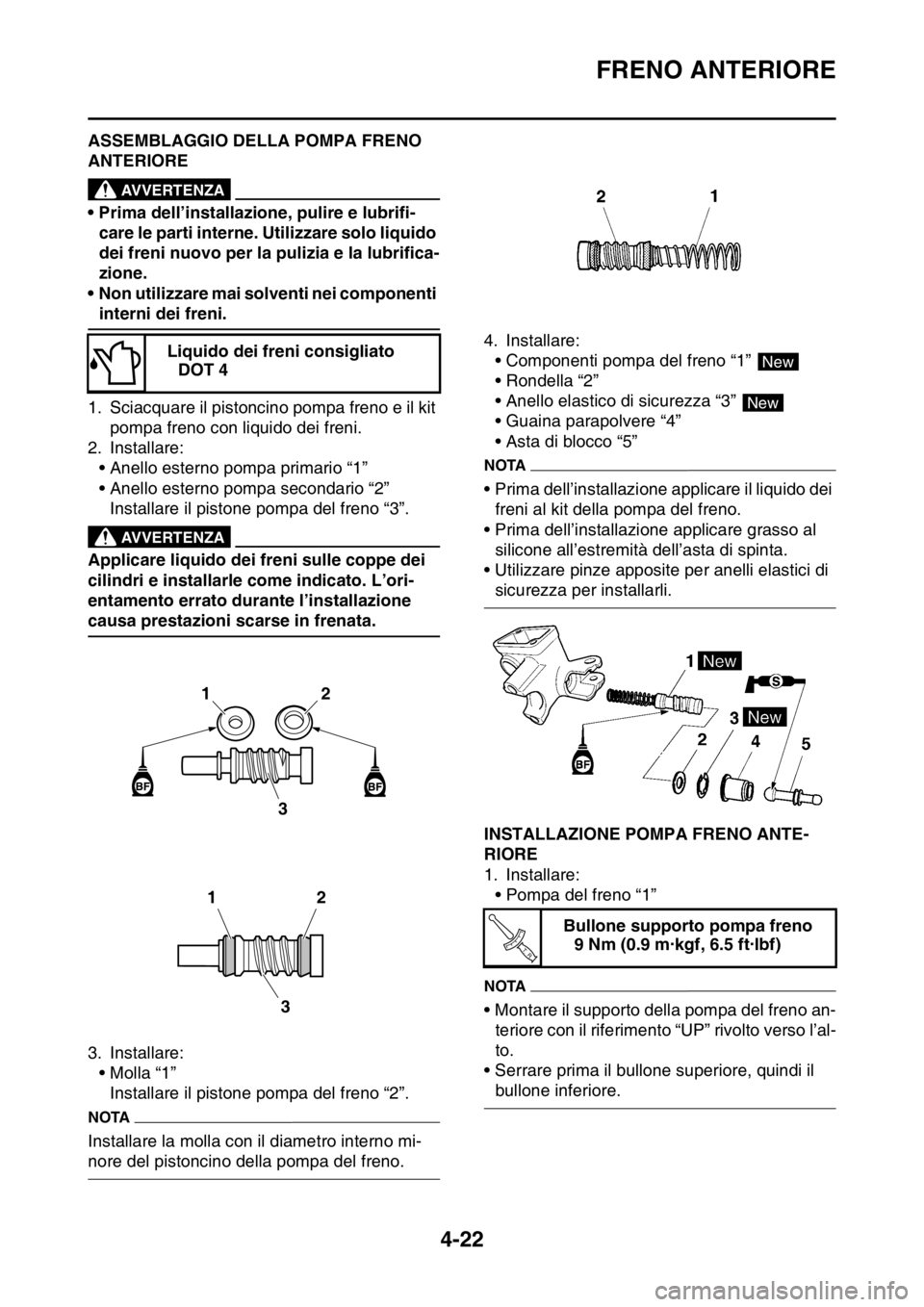 YAMAHA YZ250F 2015  Manuale duso (in Italian) FRENO ANTERIORE
4-22
HAS1SM5147ASSEMBLAGGIO DELLA POMPA FRENO 
ANTERIORE
EWA13520
AVVERTENZA
• Prima dell’installazione, pulire e lubrifi-
care le parti interne. Utilizzare solo liquido 
dei freni