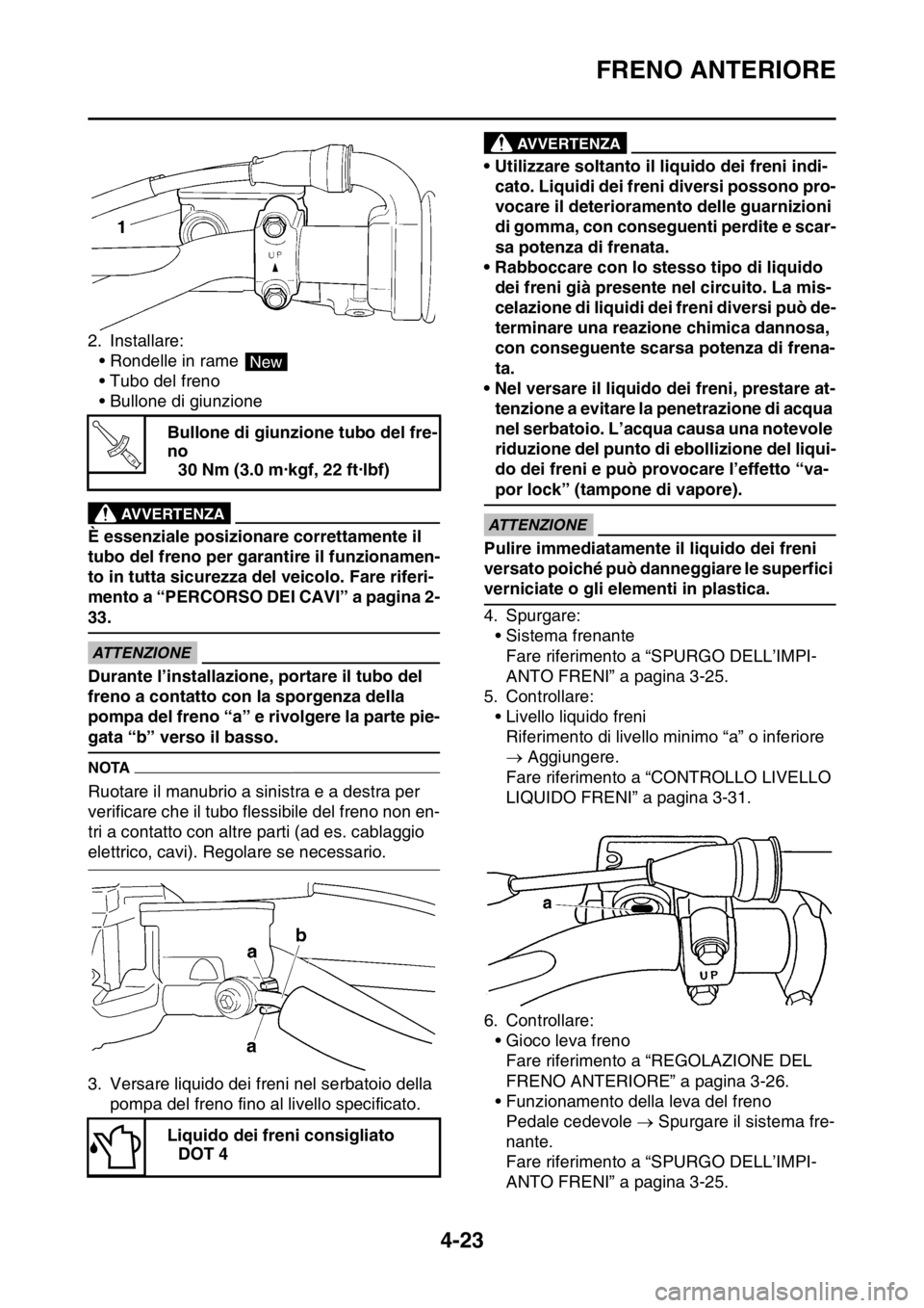YAMAHA YZ250F 2015  Manuale duso (in Italian) FRENO ANTERIORE
4-23
2. Installare:
• Rondelle in rame 
• Tubo del freno
• Bullone di giunzione
EWA13530
AVVERTENZA
È essenziale posizionare correttamente il 
tubo del freno per garantire il fu