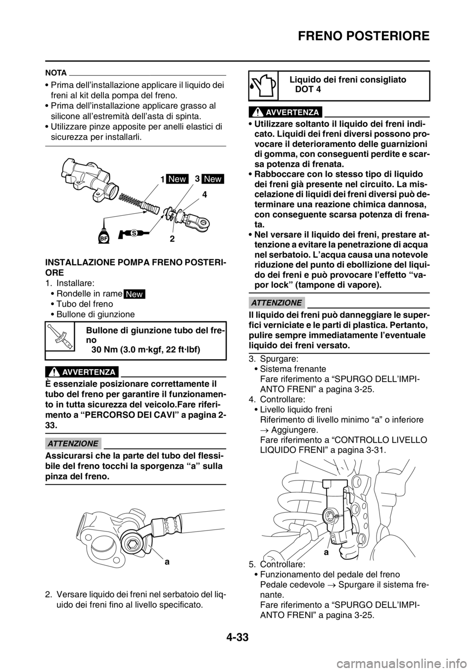 YAMAHA YZ250F 2015  Manuale duso (in Italian) FRENO POSTERIORE
4-33
NOTA
• Prima dell’installazione applicare il liquido dei 
freni al kit della pompa del freno.
• Prima dell’installazione applicare grasso al 
silicone all’estremità de