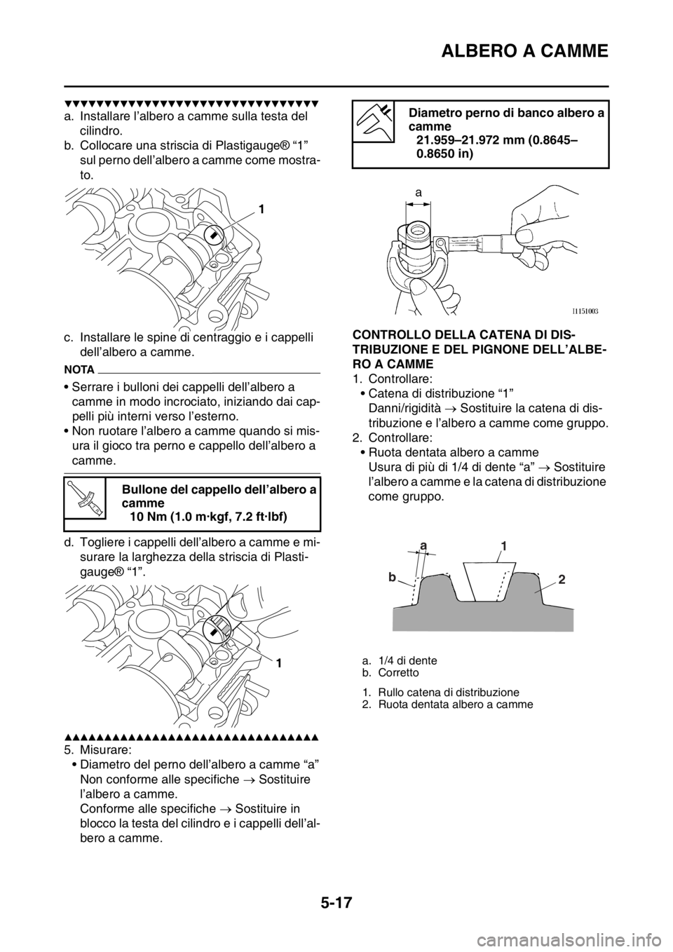 YAMAHA YZ250F 2015 Manuale duso (in Italian) ALBERO A CAMME
5-17
▼▼▼▼▼▼▼▼▼▼▼▼▼▼▼▼▼▼▼▼▼▼▼▼▼▼▼▼▼▼▼▼
a. Installare l’albero a camme sulla testa del
cilindro.
b. Collocare una strisc YAMAHA YZ250F 2015 Manuale duso (in Italian) ALBERO A CAMME
5-17
▼▼▼▼▼▼▼▼▼▼▼▼▼▼▼▼▼▼▼▼▼▼▼▼▼▼▼▼▼▼▼▼
a. Installare l’albero a camme sulla testa del
cilindro.
b. Collocare una strisc
