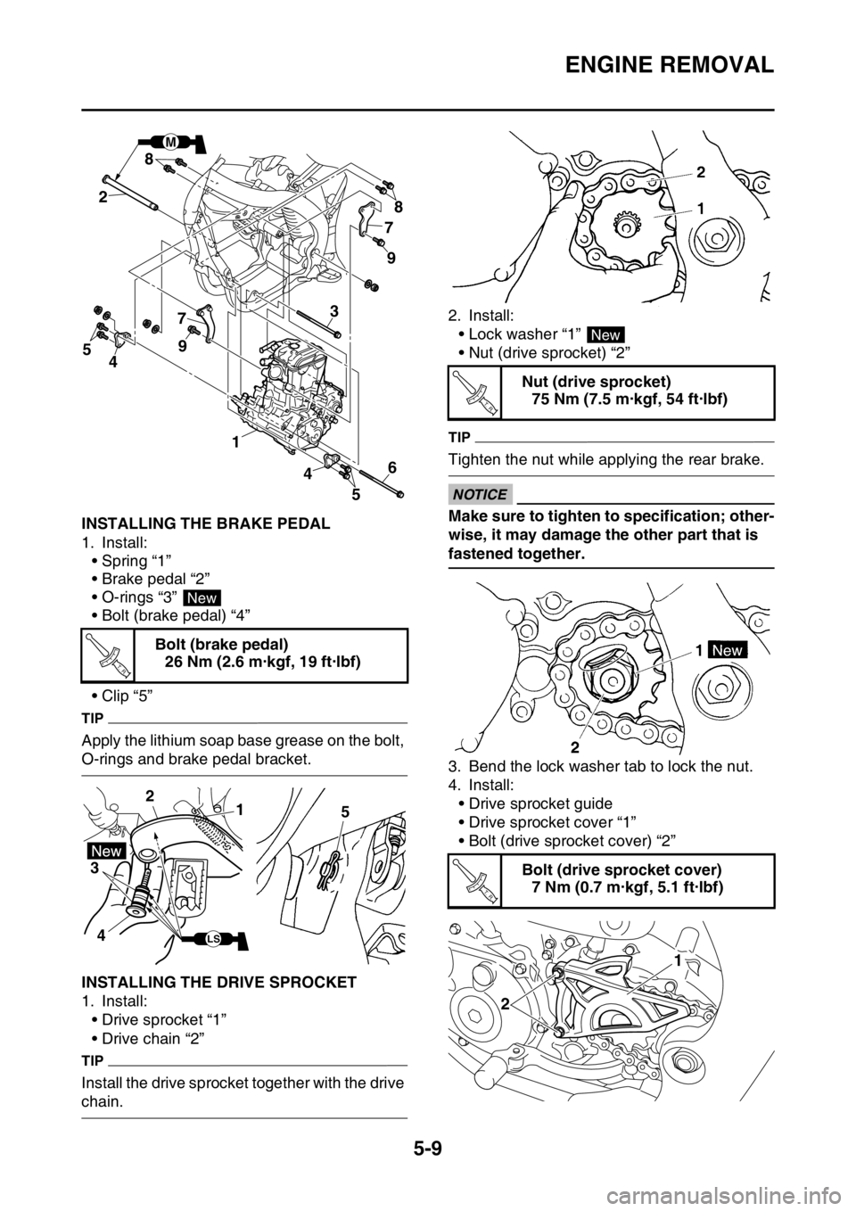 YAMAHA YZ250F 2014  Owners Manual ENGINE REMOVAL
5-9
EAS1SM1204INSTALLING THE BRAKE PEDAL
1. Install:
• Spring “1”
• Brake pedal “2”
• O-rings “3” 
• Bolt (brake pedal) “4”
•Clip “5”
TIP
Apply the lithium