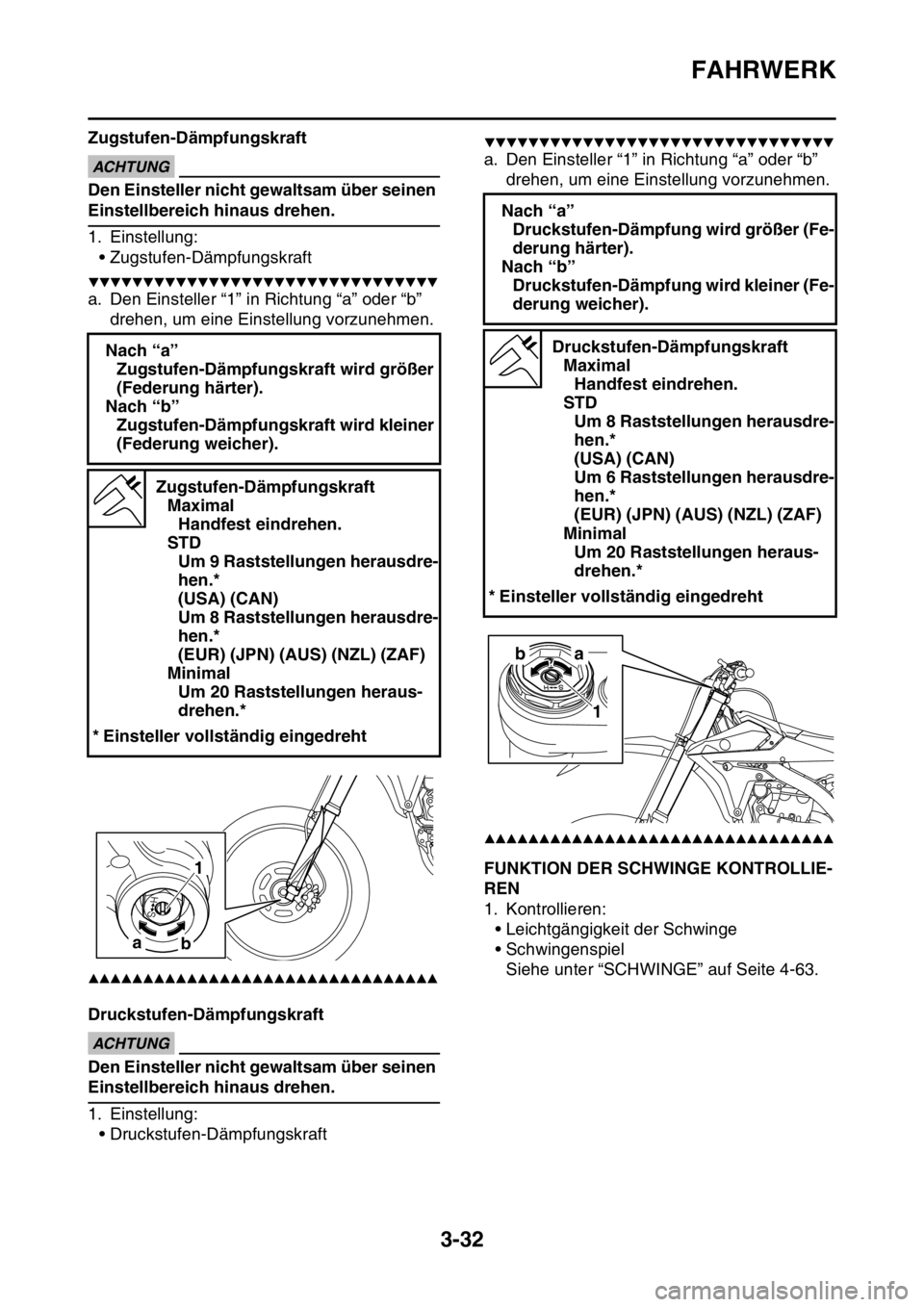 YAMAHA YZ250F 2014 Betriebsanleitungen (in German) FAHRWERK
3-32
Zugstufen-DämpfungskraftECA13590
ACHTUNG
Den Einsteller nicht gewaltsam über seinen
Einstellbereich hinaus drehen.
1. Einstellung:
• Zugstufen-Dämpfungskraft
▼▼▼▼▼▼▼ YAMAHA YZ250F 2014 Betriebsanleitungen (in German) FAHRWERK
3-32
Zugstufen-DämpfungskraftECA13590
ACHTUNG
Den Einsteller nicht gewaltsam über seinen
Einstellbereich hinaus drehen.
1. Einstellung:
• Zugstufen-Dämpfungskraft
▼▼▼▼▼▼▼
