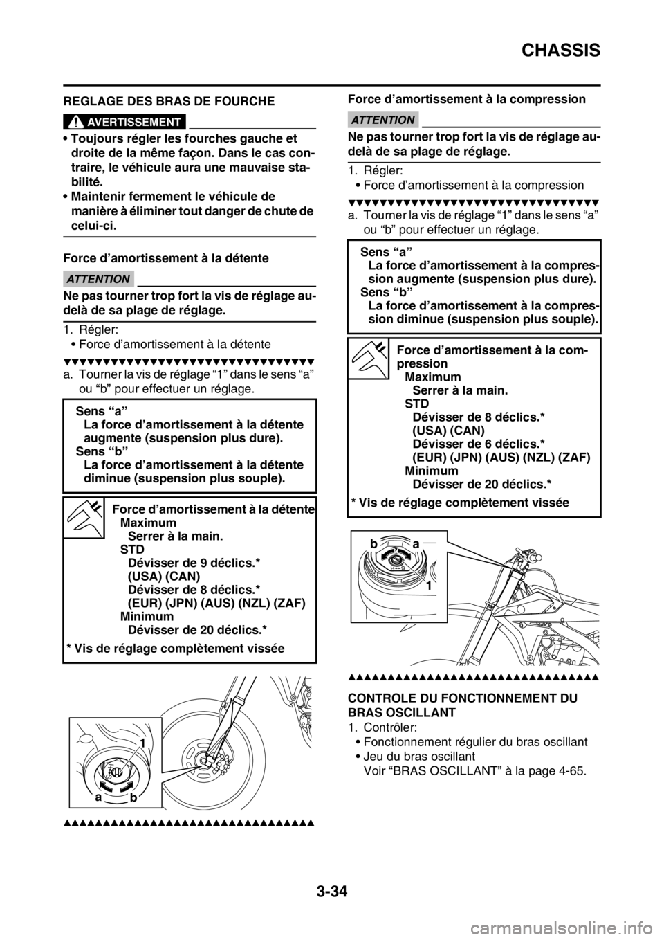 YAMAHA YZ250F 2014 Notices Demploi (in French) CHASSIS
3-34
FAS1SM1103REGLAGE DES BRAS DE FOURCHEEWA32D1006
AVERTISSEMENT
• Toujours régler les fourches gauche et
droite de la même façon. Dans le cas con-
traire, le véhicule aura une mauvai YAMAHA YZ250F 2014 Notices Demploi (in French) CHASSIS
3-34
FAS1SM1103REGLAGE DES BRAS DE FOURCHEEWA32D1006
AVERTISSEMENT
• Toujours régler les fourches gauche et
droite de la même façon. Dans le cas con-
traire, le véhicule aura une mauvai