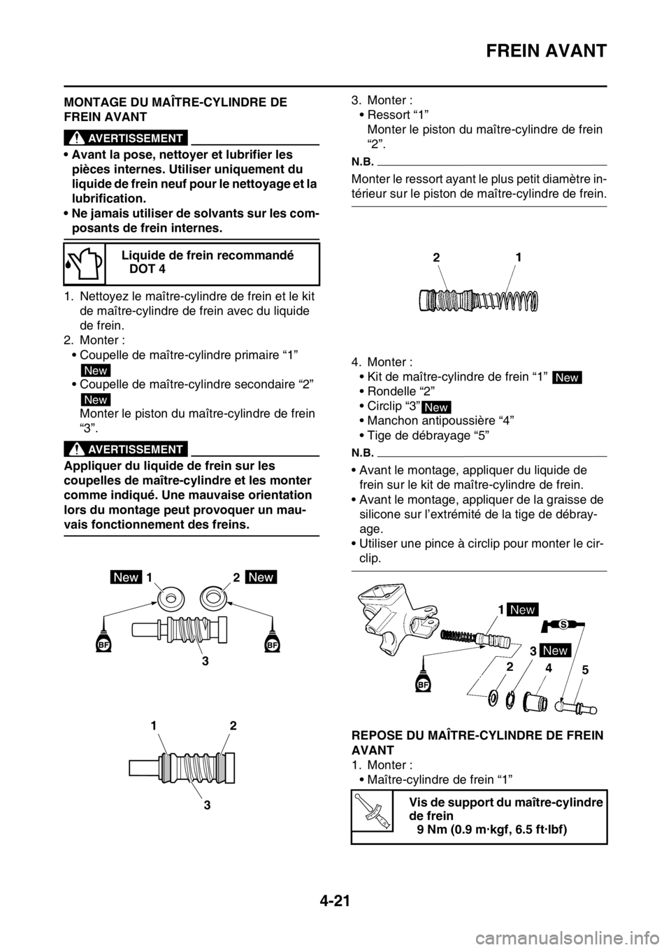YAMAHA YZ250F 2014 Notices Demploi (in French) FREIN AVANT
4-21
FAS1SM1146MONTAGE DU MAÎTRE-CYLINDRE DE
FREIN AVANT
EWA13520
AVERTISSEMENT
• Avant la pose, nettoyer et lubrifier les
pièces internes. Utiliser uniquement du
liquide de frein n YAMAHA YZ250F 2014 Notices Demploi (in French) FREIN AVANT
4-21
FAS1SM1146MONTAGE DU MAÎTRE-CYLINDRE DE
FREIN AVANT
EWA13520
AVERTISSEMENT
• Avant la pose, nettoyer et lubrifier les
pièces internes. Utiliser uniquement du
liquide de frein n