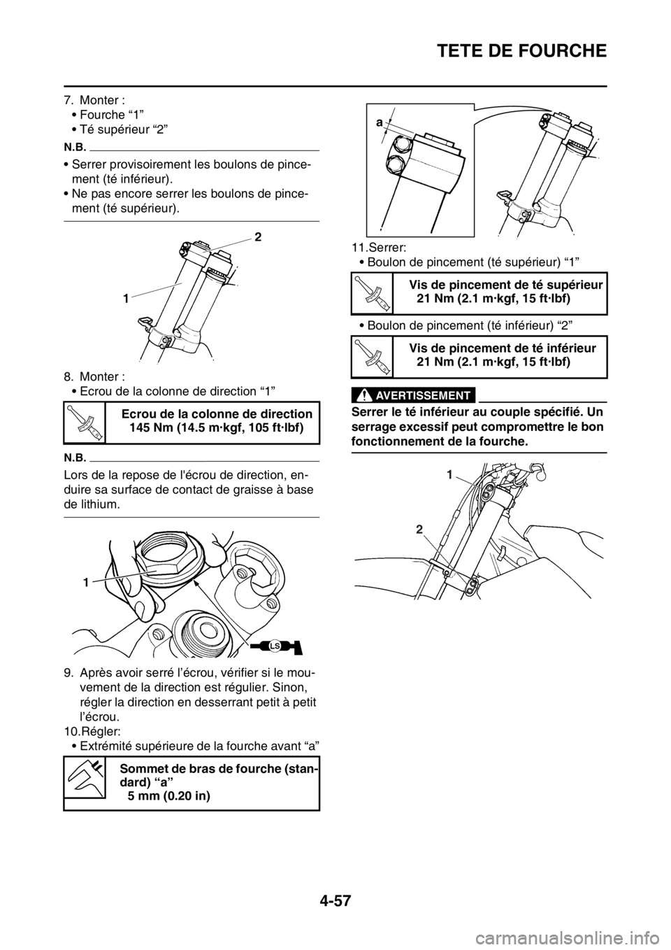 YAMAHA YZ250F 2014 Notices Demploi (in French) TETE DE FOURCHE
4-57
7. Monter :• Fourche “1”
• Té supérieur “2”
N.B.
• Serrer provisoirement les boulons de pince-ment (té inférieur).
• Ne pas encore serrer les boulons de pince- YAMAHA YZ250F 2014 Notices Demploi (in French) TETE DE FOURCHE
4-57
7. Monter :• Fourche “1”
• Té supérieur “2”
N.B.
• Serrer provisoirement les boulons de pince-ment (té inférieur).
• Ne pas encore serrer les boulons de pince-