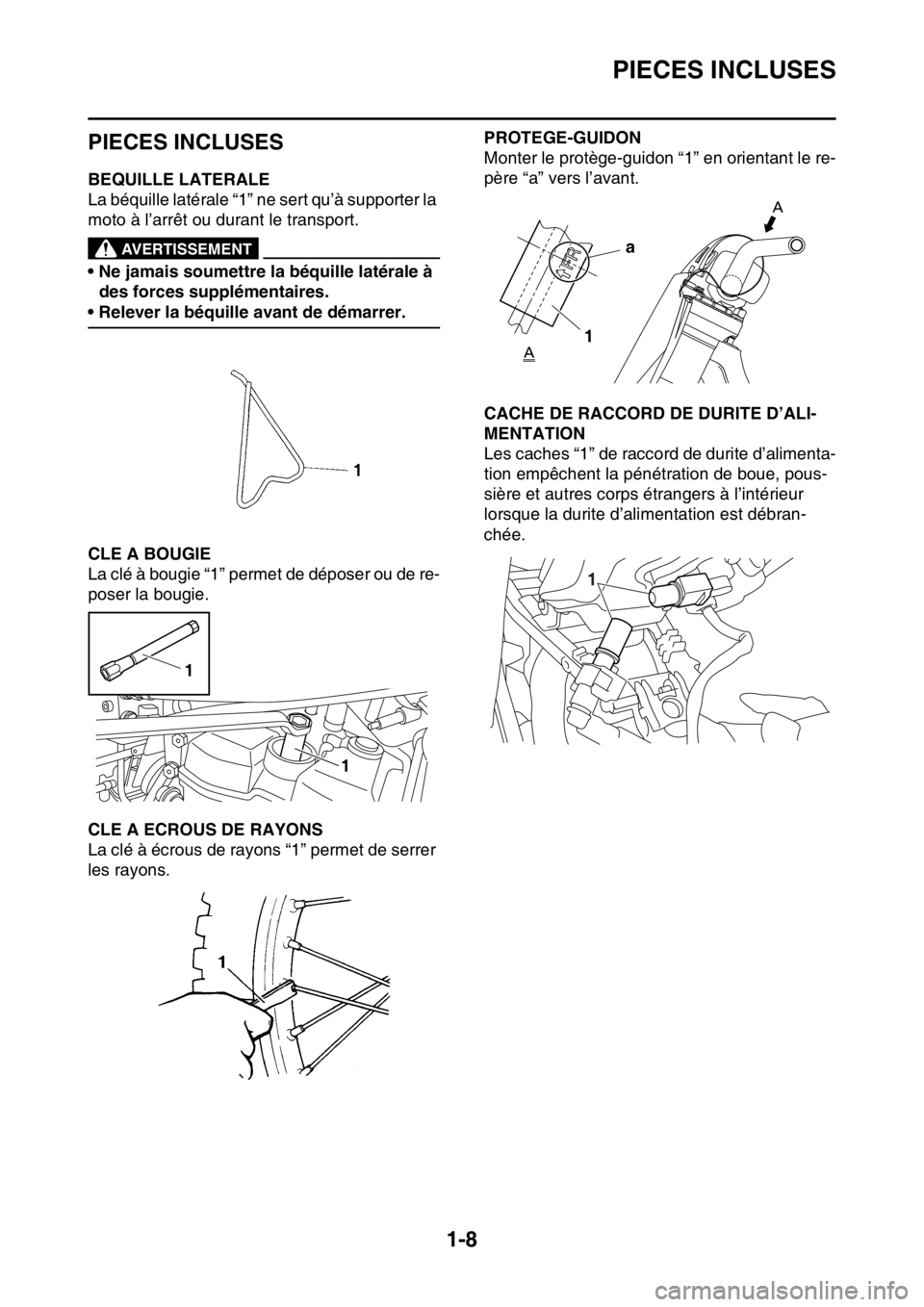YAMAHA YZ250F 2014  Notices Demploi (in French) PIECES INCLUSES
1-8
FAS1SM1016
PIECES INCLUSES
FAS1SM1017BEQUILLE LATERALE
La béquille latérale “1” ne sert qu’à supporter la 
moto à l’arrêt ou durant le transport.
EWA@
AVERTISSEMENT
