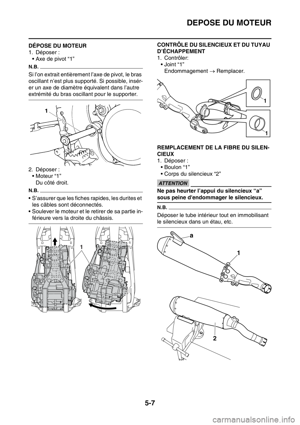 YAMAHA YZ250F 2014  Notices Demploi (in French) DEPOSE DU MOTEUR
5-7
FAS1SM1200DÉPOSE DU MOTEUR
1. Déposer :
• Axe de pivot “1”
N.B.
Si l’on extrait entièrement l’axe de pivot, le bras 
oscillant n’est plus supporté. Si possible, in