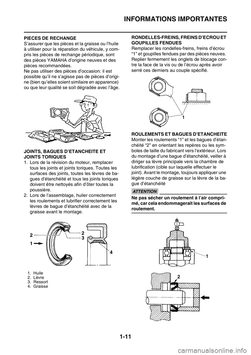 YAMAHA YZ250F 2014 Notices Demploi (in French) INFORMATIONS IMPORTANTES
1-11
FAS1SM1024PIECES DE RECHANGE
S’assurer que les pièces et la graisse ou l’huile
à utiliser pour la réparation du véhicule, y com-
pris les pièces de rechange pé YAMAHA YZ250F 2014 Notices Demploi (in French) INFORMATIONS IMPORTANTES
1-11
FAS1SM1024PIECES DE RECHANGE
S’assurer que les pièces et la graisse ou l’huile
à utiliser pour la réparation du véhicule, y com-
pris les pièces de rechange pé