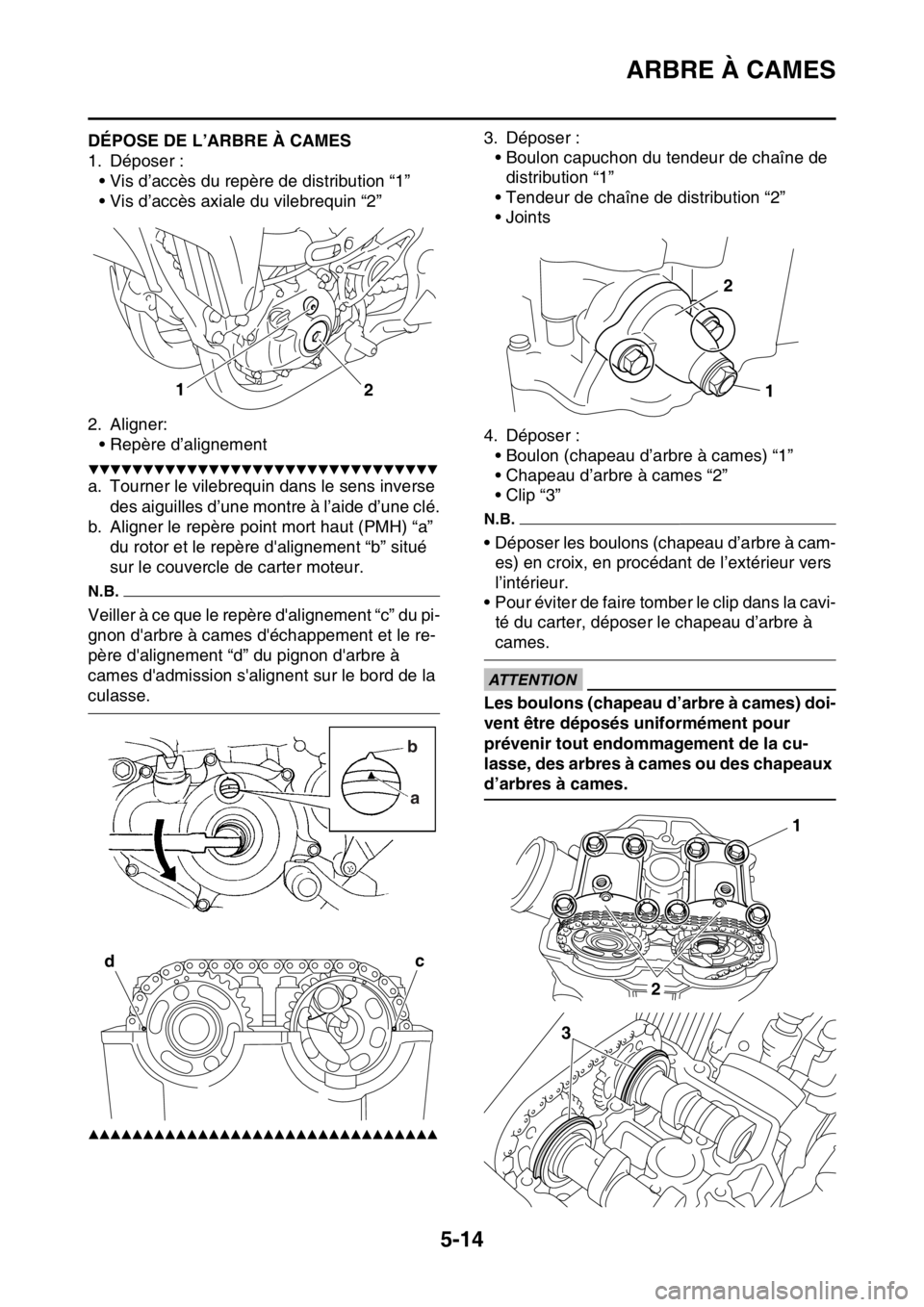 YAMAHA YZ250F 2014 Notices Demploi (in French) ARBRE À CAMES
5-14
FAS1SM1208DÉPOSE DE L’ARBRE À CAMES
1. Déposer :
• Vis d’accès du repère de distribution “1”
• Vis d’accès axiale du vilebrequin “2”
2. Aligner:
• Repère YAMAHA YZ250F 2014 Notices Demploi (in French) ARBRE À CAMES
5-14
FAS1SM1208DÉPOSE DE L’ARBRE À CAMES
1. Déposer :
• Vis d’accès du repère de distribution “1”
• Vis d’accès axiale du vilebrequin “2”
2. Aligner:
• Repère