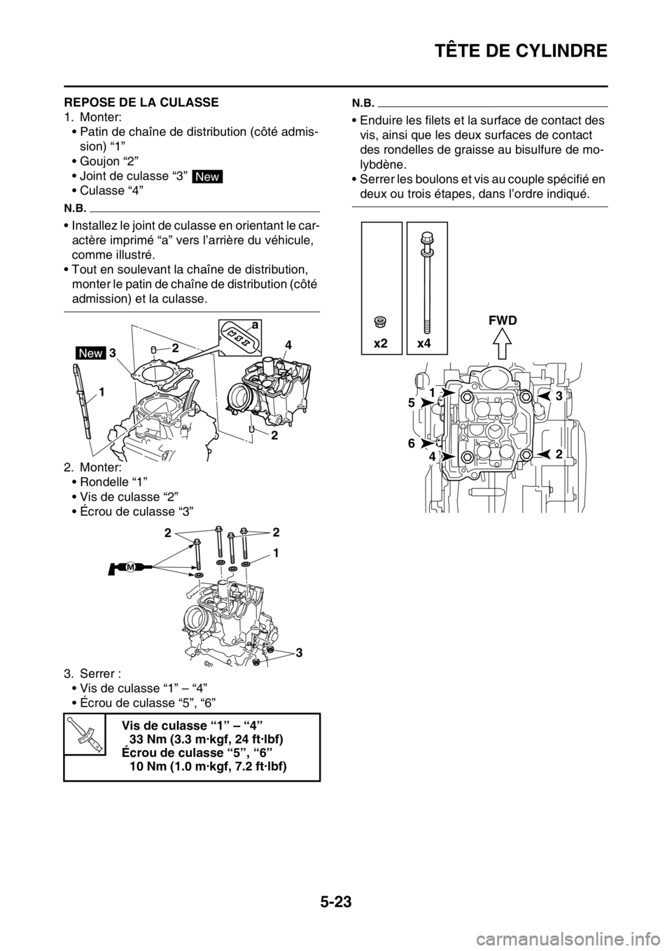 YAMAHA YZ250F 2014  Notices Demploi (in French) TÊTE DE CYLINDRE
5-23
FAS1SM1218REPOSE DE LA CULASSE
1. Monter:
• Patin de chaîne de distribution (côté admis-
sion) “1”
• Goujon “2”
• Joint de culasse “3” 
•Culasse “4”
N