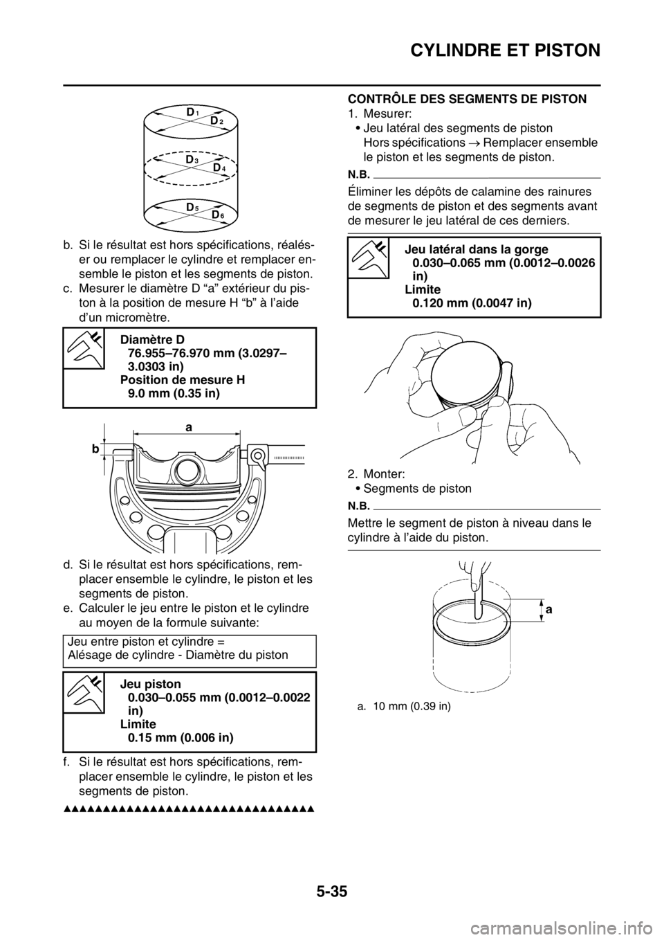 YAMAHA YZ250F 2014 Notices Demploi (in French) CYLINDRE ET PISTON
5-35
b. Si le résultat est hors spécifications, réalés-
er ou remplacer le cylindre et remplacer en-
semble le piston et les segments de piston.
c. Mesurer le diamètre D “a YAMAHA YZ250F 2014 Notices Demploi (in French) CYLINDRE ET PISTON
5-35
b. Si le résultat est hors spécifications, réalés-
er ou remplacer le cylindre et remplacer en-
semble le piston et les segments de piston.
c. Mesurer le diamètre D “a