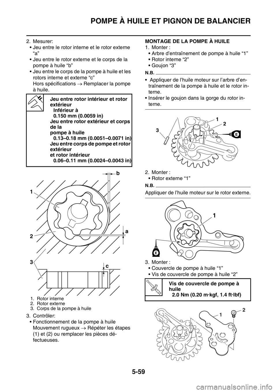 YAMAHA YZ250F 2014 Notices Demploi (in French) POMPE À HUILE ET PIGNON DE BALANCIER
5-59
2. Mesurer:
• Jeu entre le rotor interne et le rotor externe
“a”
• Jeu entre le rotor externe et le corps de la
pompe à huile “b”
• Jeu entr YAMAHA YZ250F 2014 Notices Demploi (in French) POMPE À HUILE ET PIGNON DE BALANCIER
5-59
2. Mesurer:
• Jeu entre le rotor interne et le rotor externe
“a”
• Jeu entre le rotor externe et le corps de la
pompe à huile “b”
• Jeu entr