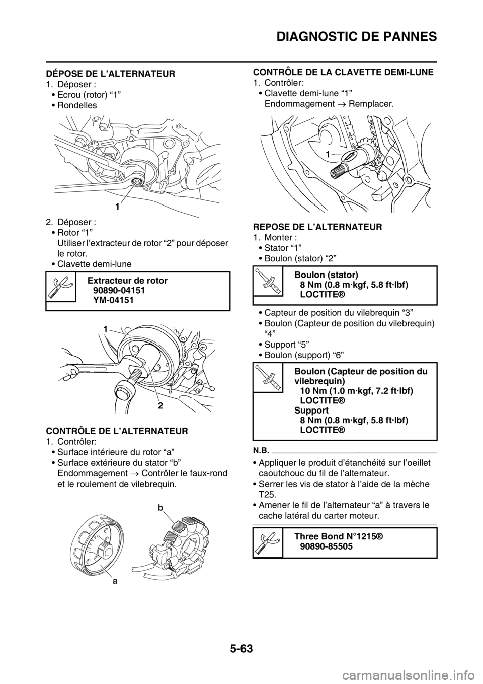 YAMAHA YZ250F 2014 Notices Demploi (in French) DIAGNOSTIC DE PANNES
5-63
FAS1SM1273DÉPOSE DE L’ALTERNATEUR
1. Déposer :
• Ecrou (rotor) “1”
• Rondelles
2. Déposer :
• Rotor “1”
Utiliser l’extracteur de rotor “2” pour dépo YAMAHA YZ250F 2014 Notices Demploi (in French) DIAGNOSTIC DE PANNES
5-63
FAS1SM1273DÉPOSE DE L’ALTERNATEUR
1. Déposer :
• Ecrou (rotor) “1”
• Rondelles
2. Déposer :
• Rotor “1”
Utiliser l’extracteur de rotor “2” pour dépo