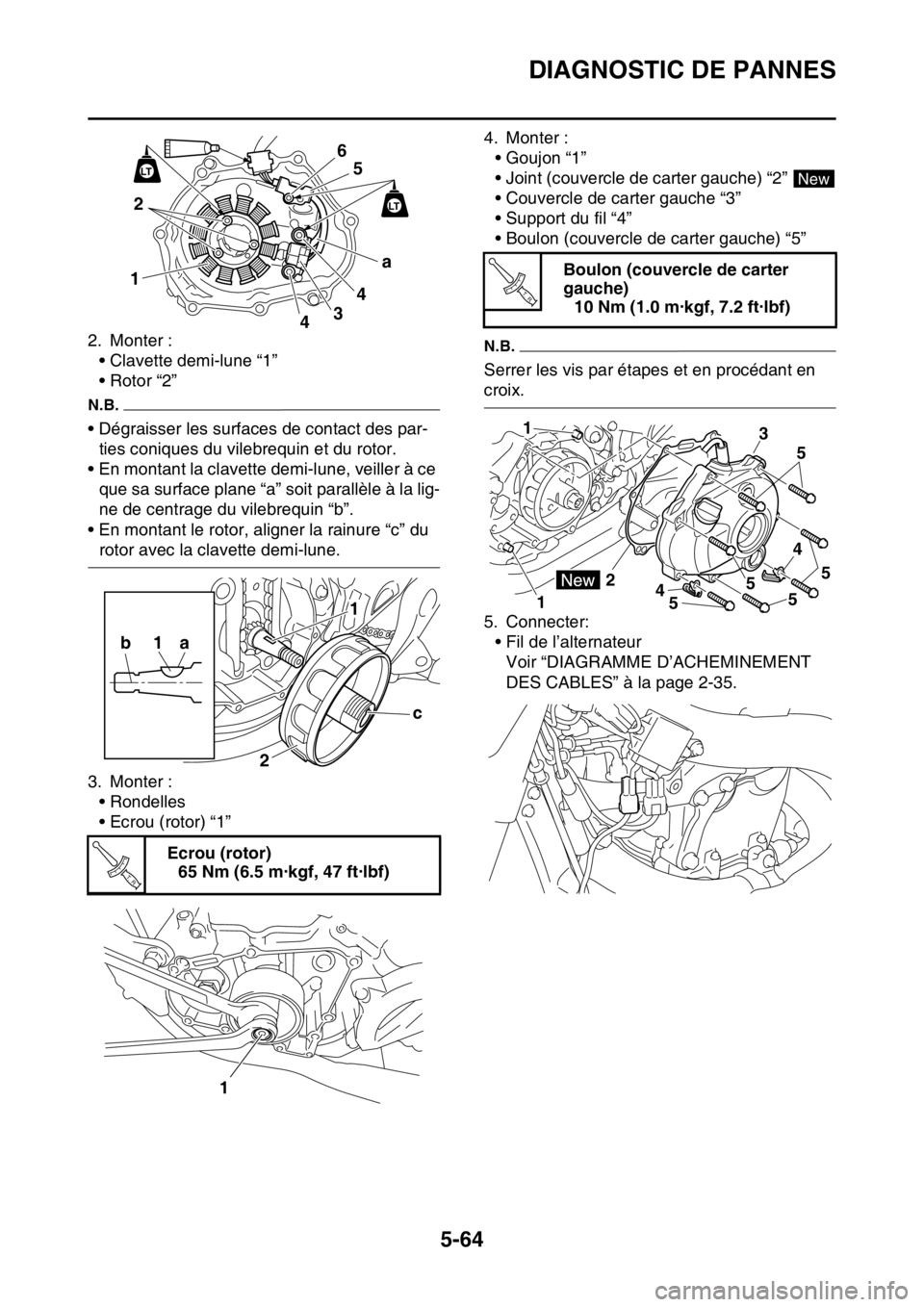 YAMAHA YZ250F 2014  Notices Demploi (in French) DIAGNOSTIC DE PANNES
5-64
2. Monter :
• Clavette demi-lune “1”
• Rotor “2”
N.B.
• Dégraisser les surfaces de contact des par-
ties coniques du vilebrequin et du rotor.
• En montant la