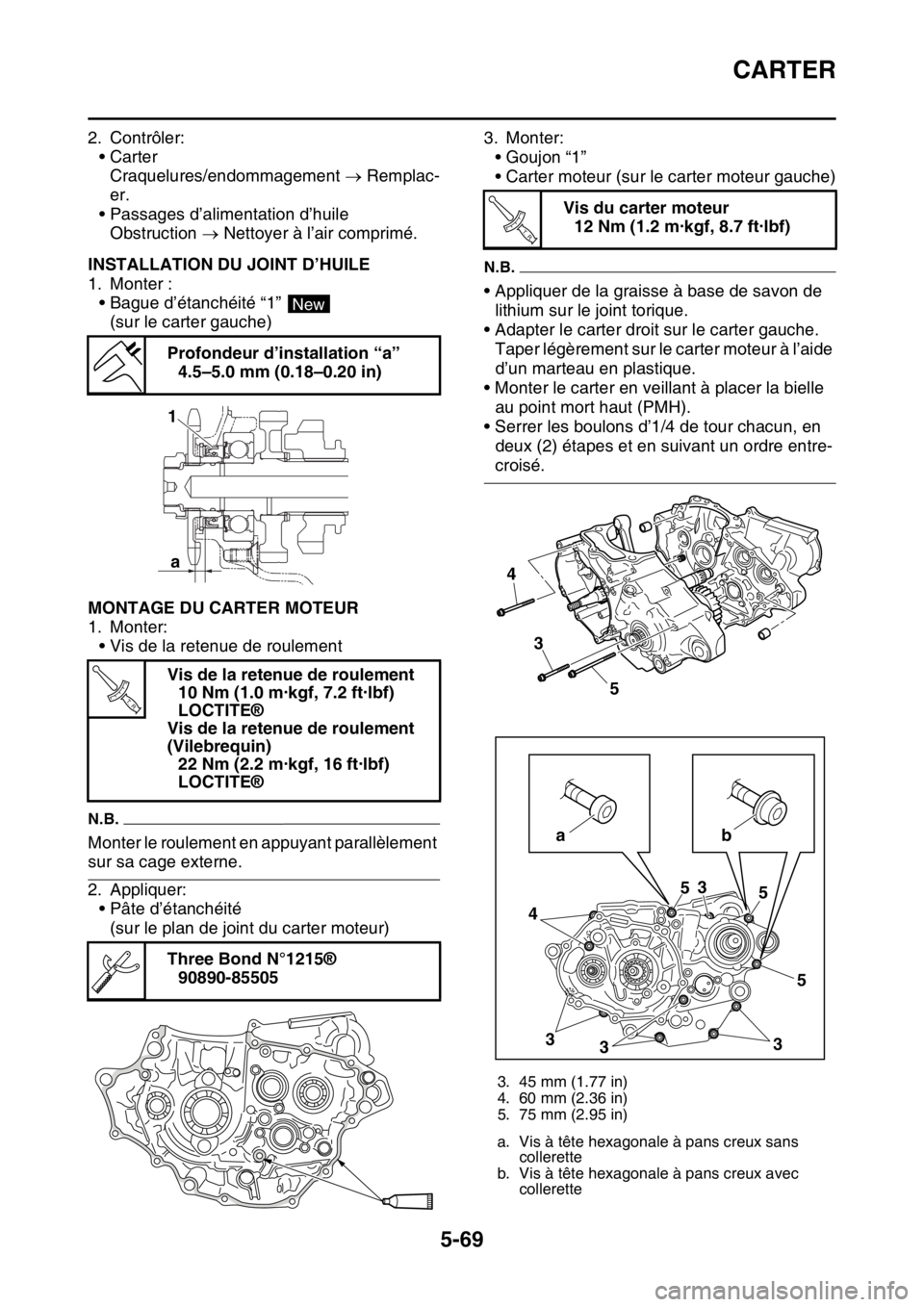 YAMAHA YZ250F 2014 Notices Demploi (in French) CARTER
5-69
2. Contrôler:
•Carter
Craquelures/endommagement Remplac-
er.
• Passages d’alimentation d’huile
Obstruction Nettoyer à l’air comprimé.
FAS1SM1282INSTALLATION DU JOINT D YAMAHA YZ250F 2014 Notices Demploi (in French) CARTER
5-69
2. Contrôler:
•Carter
Craquelures/endommagement Remplac-
er.
• Passages d’alimentation d’huile
Obstruction Nettoyer à l’air comprimé.
FAS1SM1282INSTALLATION DU JOINT D
