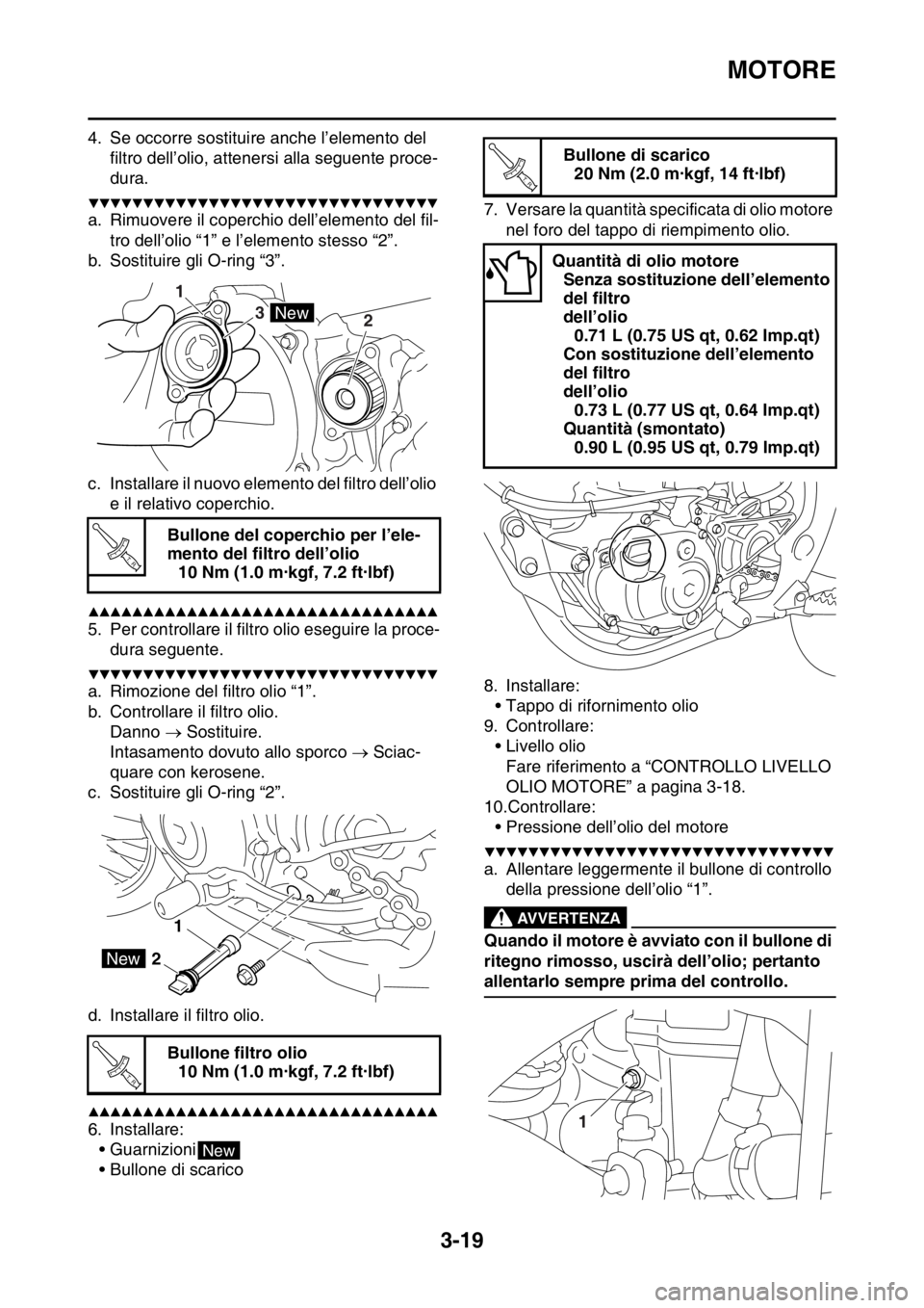 YAMAHA YZ250F 2014  Manuale duso (in Italian) MOTORE
3-19
4. Se occorre sostituire anche l’elemento del 
filtro dell’olio, attenersi alla seguente proce-
dura.
▼▼▼▼▼▼▼▼▼▼▼▼▼▼▼▼▼▼▼▼▼▼▼▼▼▼▼