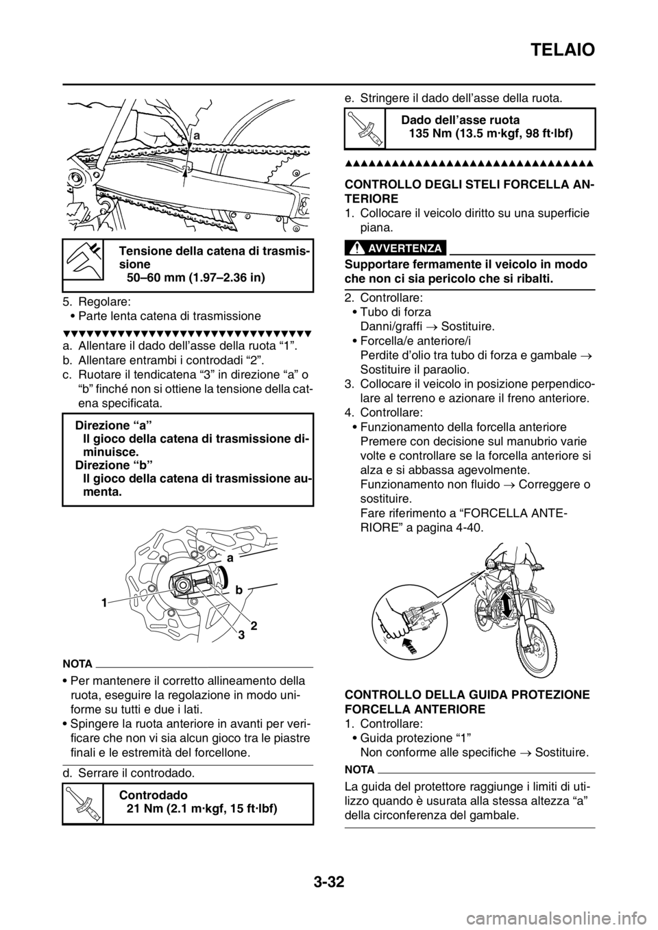 YAMAHA YZ250F 2014 Manuale duso (in Italian) TELAIO
3-32
5. Regolare:
• Parte lenta catena di trasmissione
▼▼▼▼▼▼▼▼▼▼▼▼▼▼▼▼▼▼▼▼▼▼▼▼▼▼▼▼▼▼▼▼
a. Allentare il dado dell’asse della YAMAHA YZ250F 2014 Manuale duso (in Italian) TELAIO
3-32
5. Regolare:
• Parte lenta catena di trasmissione
▼▼▼▼▼▼▼▼▼▼▼▼▼▼▼▼▼▼▼▼▼▼▼▼▼▼▼▼▼▼▼▼
a. Allentare il dado dell’asse della
