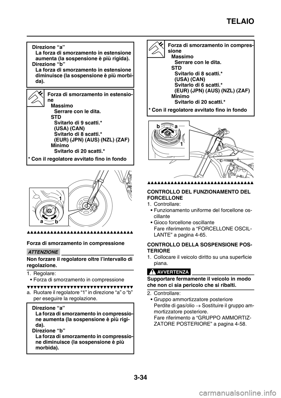 YAMAHA YZ250F 2014 Manuale duso (in Italian) TELAIO
3-34
▲▲▲▲▲▲▲▲▲▲▲▲▲▲▲▲▲▲▲▲▲▲▲▲▲▲▲▲▲▲▲▲
Forza di smorzamento in compressioneECA13590
ATTENZIONE
Non forzare il regolatore oltre l YAMAHA YZ250F 2014 Manuale duso (in Italian) TELAIO
3-34
▲▲▲▲▲▲▲▲▲▲▲▲▲▲▲▲▲▲▲▲▲▲▲▲▲▲▲▲▲▲▲▲
Forza di smorzamento in compressioneECA13590
ATTENZIONE
Non forzare il regolatore oltre l