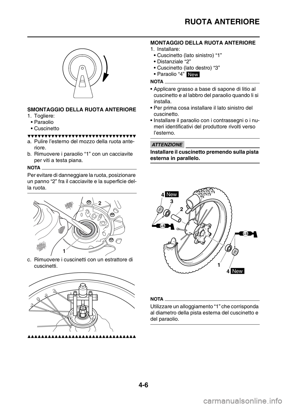 YAMAHA YZ250F 2014  Manuale duso (in Italian) RUOTA ANTERIORE
4-6
HAS1SM1125SMONTAGGIO DELLA RUOTA ANTERIORE
1. Togliere:
• Paraolio
• Cuscinetto
▼▼▼▼▼▼▼▼▼▼▼▼▼▼▼▼▼▼▼▼▼▼▼▼▼▼▼▼▼▼▼▼