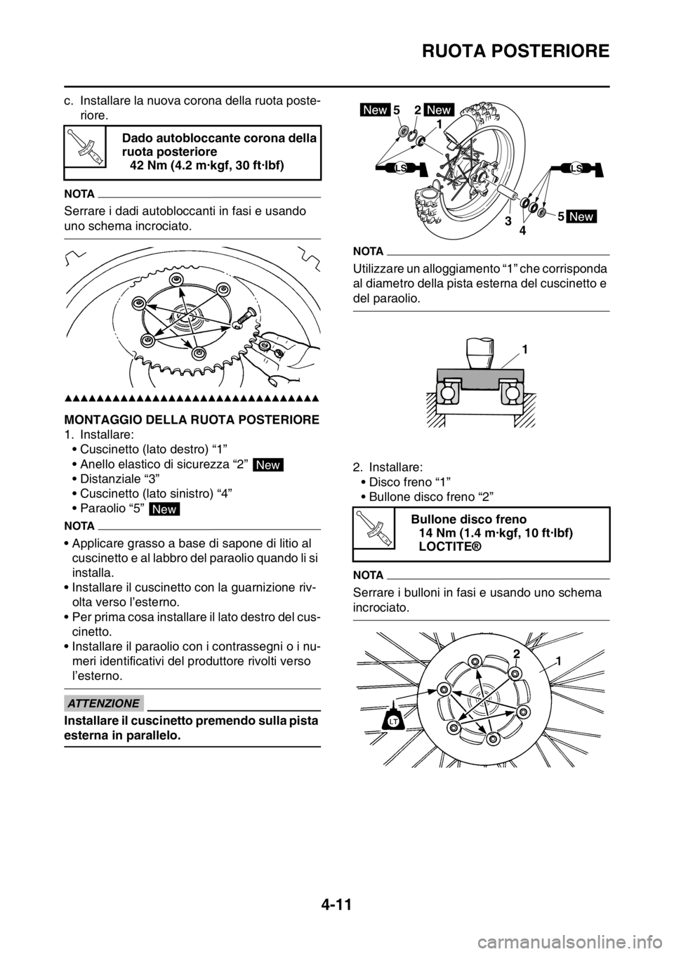 YAMAHA YZ250F 2014  Manuale duso (in Italian) RUOTA POSTERIORE
4-11
c. Installare la nuova corona della ruota poste-
riore.
NOTA
Serrare i dadi autobloccanti in fasi e usando 
uno schema incrociato.
▲▲▲▲▲▲▲▲▲▲▲▲▲▲▲