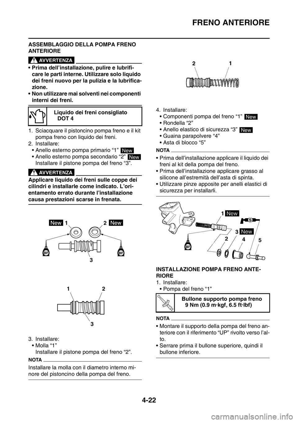 YAMAHA YZ250F 2014 Manuale duso (in Italian) FRENO ANTERIORE
4-22
ASSEMBLAGGIO DELLA POMPA FRENO
ANTERIORE
EWA13520
AVVERTENZA
• Prima dell’installazione, pulire e lubrifi-
care le parti interne. Utilizzare solo liquido
dei freni nuovo per YAMAHA YZ250F 2014 Manuale duso (in Italian) FRENO ANTERIORE
4-22
ASSEMBLAGGIO DELLA POMPA FRENO
ANTERIORE
EWA13520
AVVERTENZA
• Prima dell’installazione, pulire e lubrifi-
care le parti interne. Utilizzare solo liquido
dei freni nuovo per