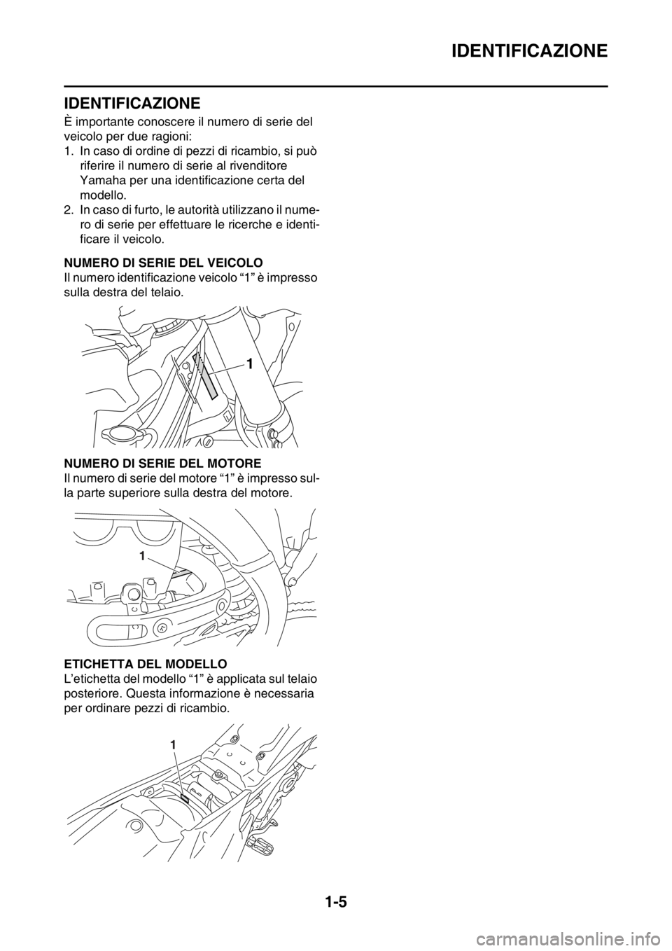 YAMAHA YZ250F 2014  Manuale duso (in Italian) IDENTIFICAZIONE
1-5
HAS1SM1010
IDENTIFICAZIONE
È importante conoscere il numero di serie del 
veicolo per due ragioni:
1. In caso di ordine di pezzi di ricambio, si può 
riferire il numero di serie 