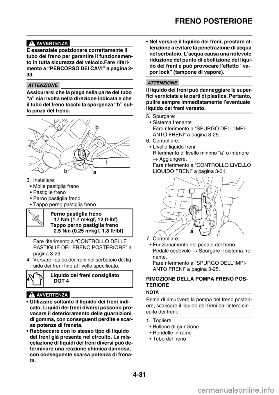 YAMAHA YZ250F 2014  Manuale duso (in Italian) FRENO POSTERIORE
4-31
AVVERTENZA
È essenziale posizionare correttamente il 
tubo del freno per garantire il funzionamen-
to in tutta sicurezza del veicolo.Fare riferi-
mento a “PERCORSO DEI CAVI”