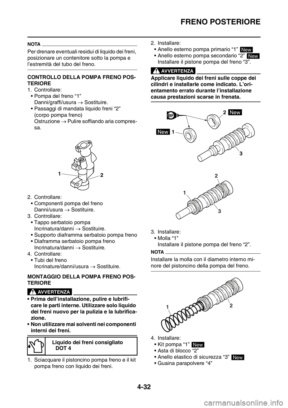 YAMAHA YZ250F 2014  Manuale duso (in Italian) FRENO POSTERIORE
4-32
NOTA
Per drenare eventuali residui di liquido dei freni, 
posizionare un contenitore sotto la pompa e 
l’estremità del tubo del freno.
HAS1SM1158CONTROLLO DELLA POMPA FRENO PO