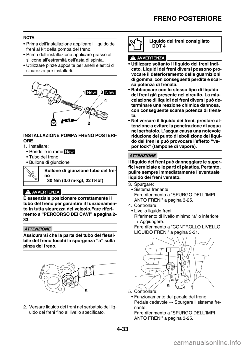 YAMAHA YZ250F 2014  Manuale duso (in Italian) FRENO POSTERIORE
4-33
NOTA
• Prima dell’installazione applicare il liquido dei 
freni al kit della pompa del freno.
• Prima dell’installazione applicare grasso al 
silicone all’estremità de